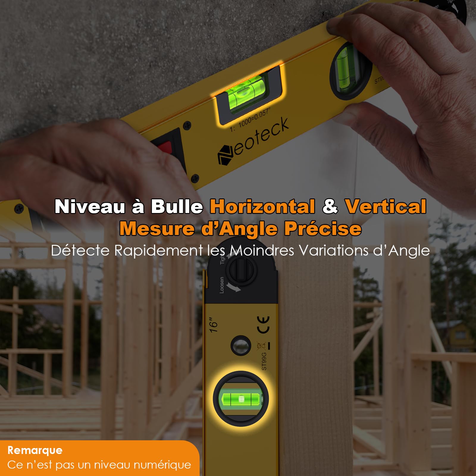 Neoteck 400mm / 16inch 0~225 ° Numérique Angle Finder Règle d'angle Horizontal NumériqueLCD Rétro-Éclairage Niveau Rapporteur avec Étui Portable pour Industrielles Restructuration du Travail Jaune