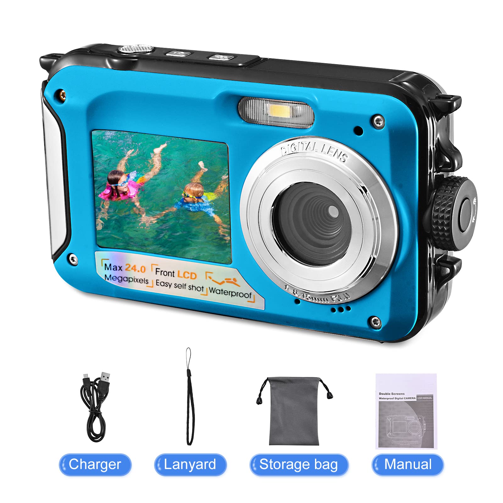 Underwater Camera Full HD 2.7K 48MP, Doppelbildschirm Anti-Shake mit LED-Mikrofon und 16 x Digital zoomSnorkelling Waterproof Digital Camera for Self-Timer Underwater, Swimming Blau