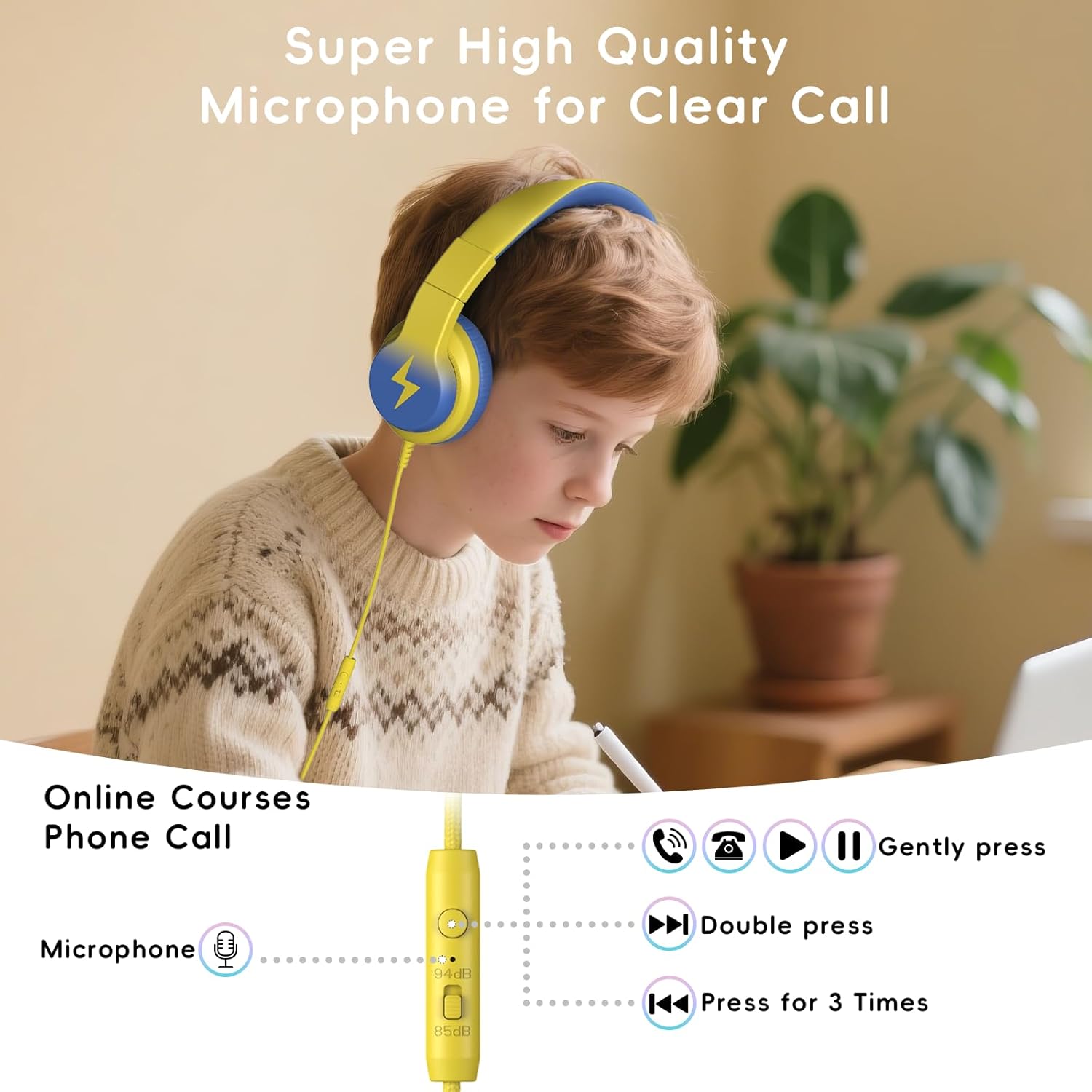 Kids Headphones, Wired Headphones for Kids Over Ear with Microphone, 85/94dB Volume Limiter Headphone for Girls Boys, Foldable Headphone for Learning & Entertainment, Light Yellow - Image 6