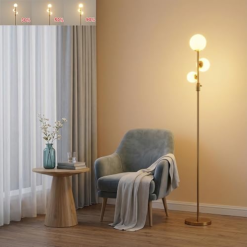Fiqevs Upgrade Dimmable Floor Lamp, 3 Globe Mid Century Floor Lamps for Living Room with Frosted Glass Shade and 3 LED Bulbs, Vintage Modern Gold Standing Lamp for Bedrooms, Office - Antique Brass