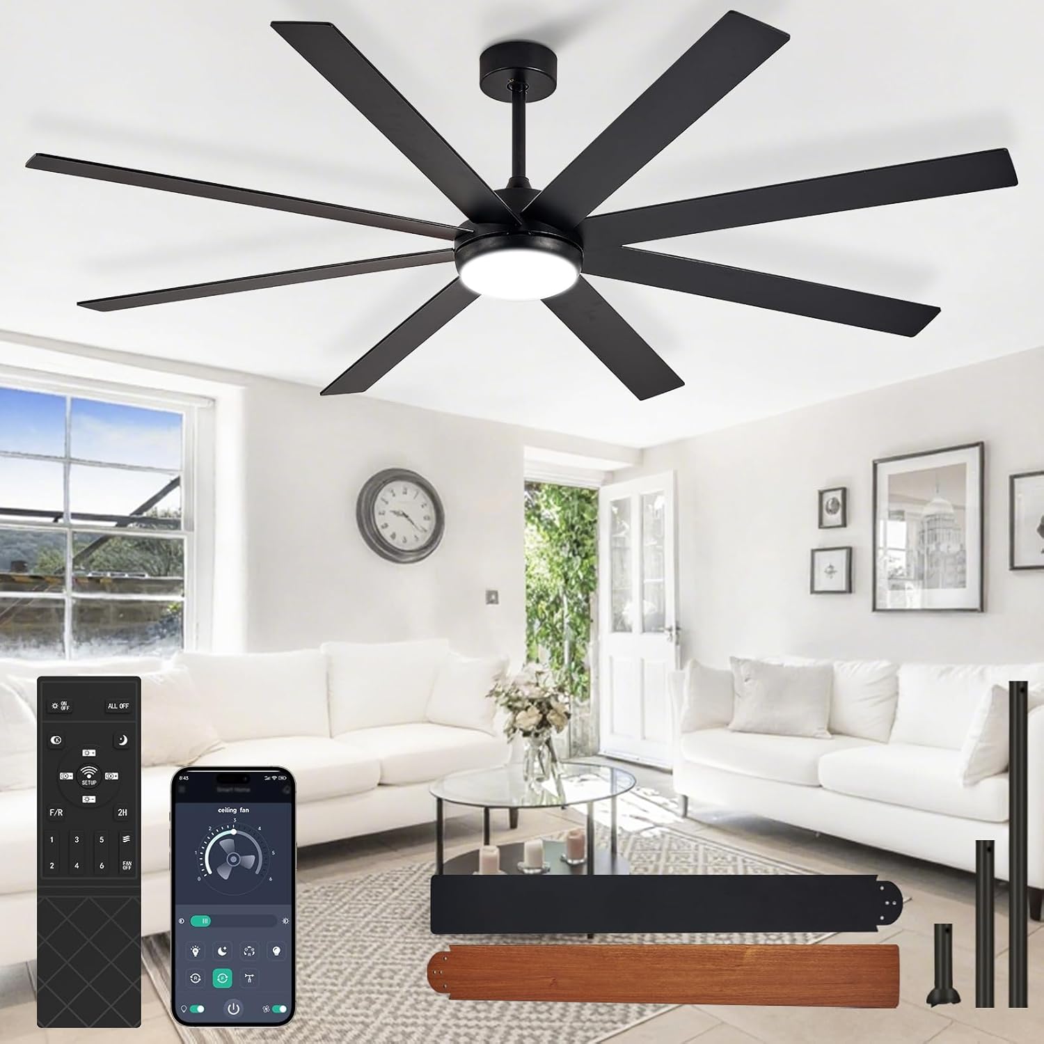 Large Ceiling Fan with Light: 72 Inch Indoor/Outdoor Fan Reversible DC Motor 6 Speed - Dual 8 Blades Big Ceiling Fans with Lights Dimmable 3CCT for Living Room Covered Patio, Black