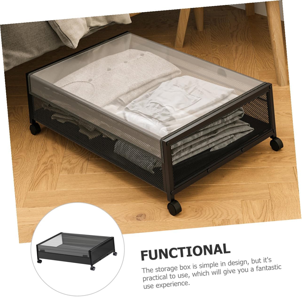 Uonlytech Under Bed Organizer Storage Case with Wheels Mesh Sundries Holder for Clothes Books Space-saving Dustproof Container Black Transparent Cover for Bedroom Storage