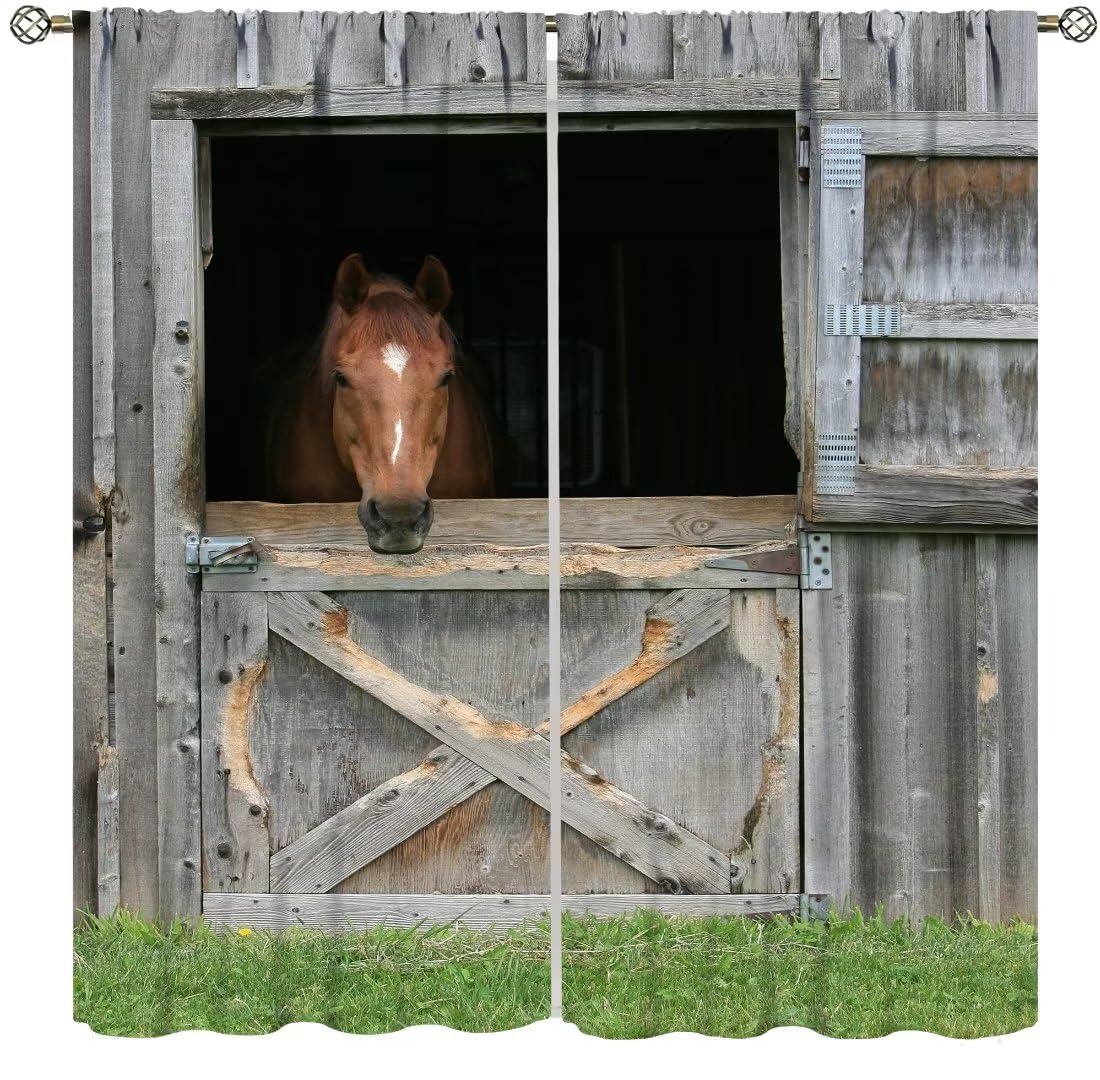 DDCBNS Horse Curtains,Country Farm Animal Western Wildlife Rustic Barn Door Window Treatments for Bedroom Living Room Kitchen Window Drapes 2 Panels