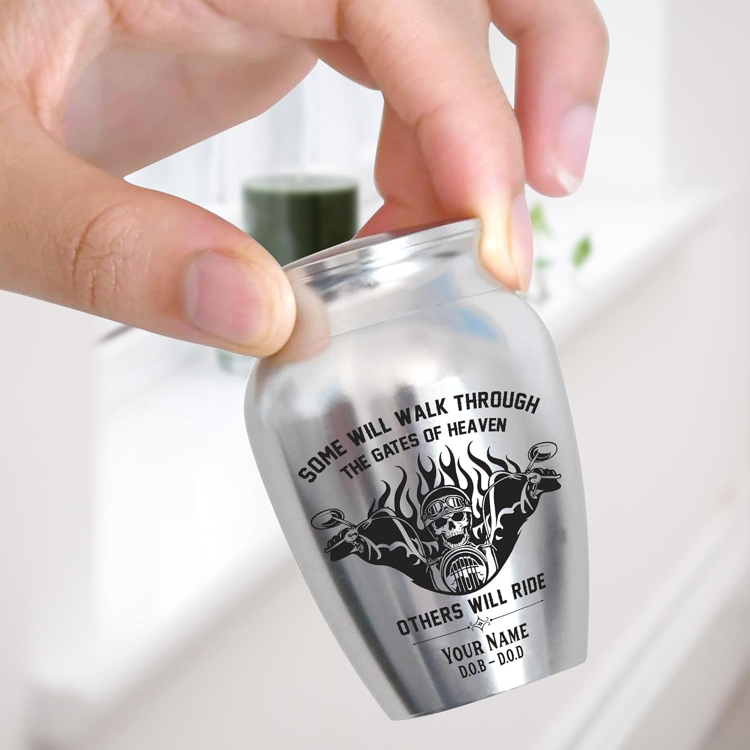 Artsy Woodsy Personalized Riding in Heaven Mini Urns Stainless Steel,Decorative Keepsake Urn Engraved with Motorcycle 2.56 inch,Memorial Urn for Adult Male Dad Human Ashes (11, 2.56x1.77, Riding)