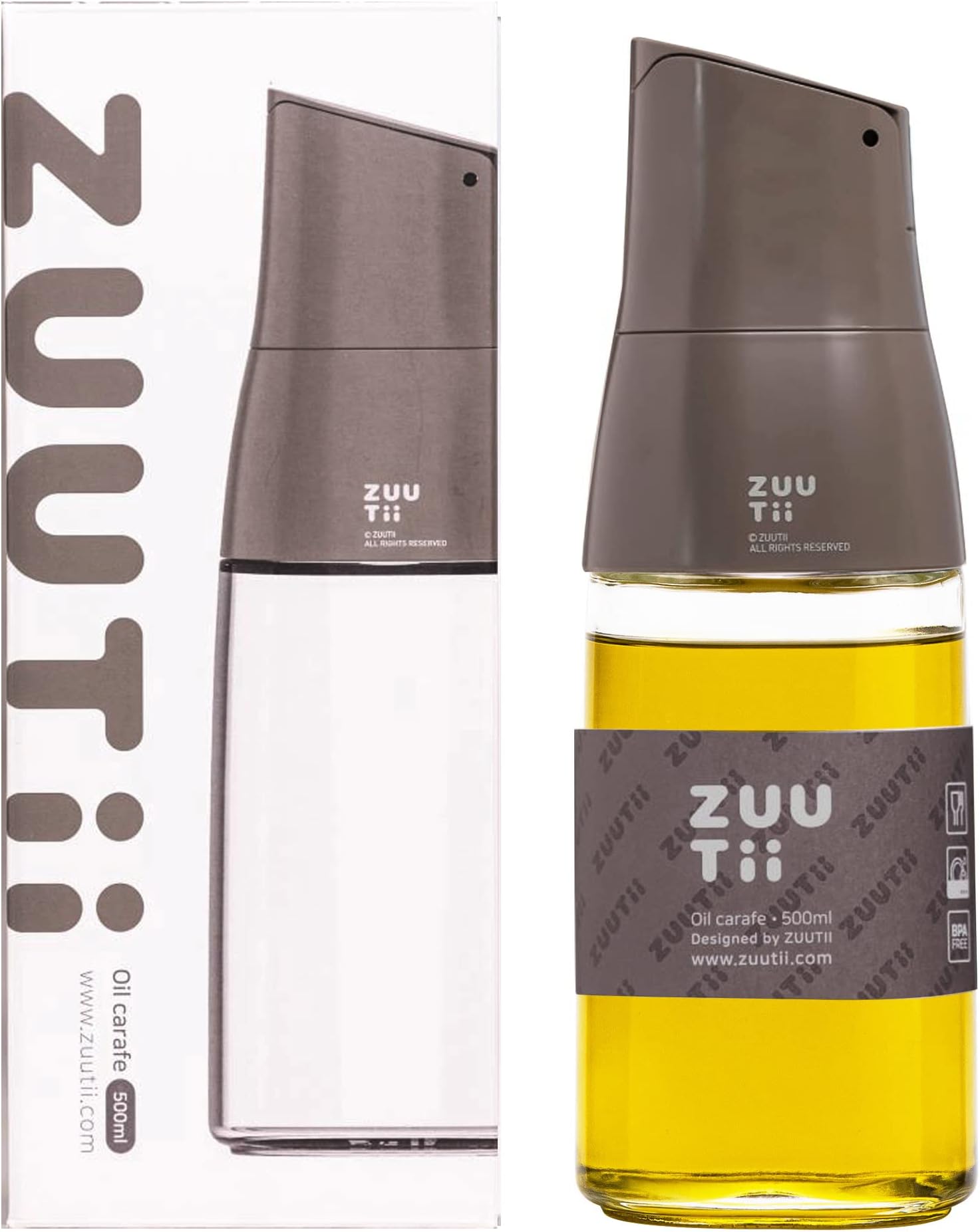 Zuutii Olive Oil Dispenser Bottle - Drip Free Spout for Kitchen, Glass, Gray