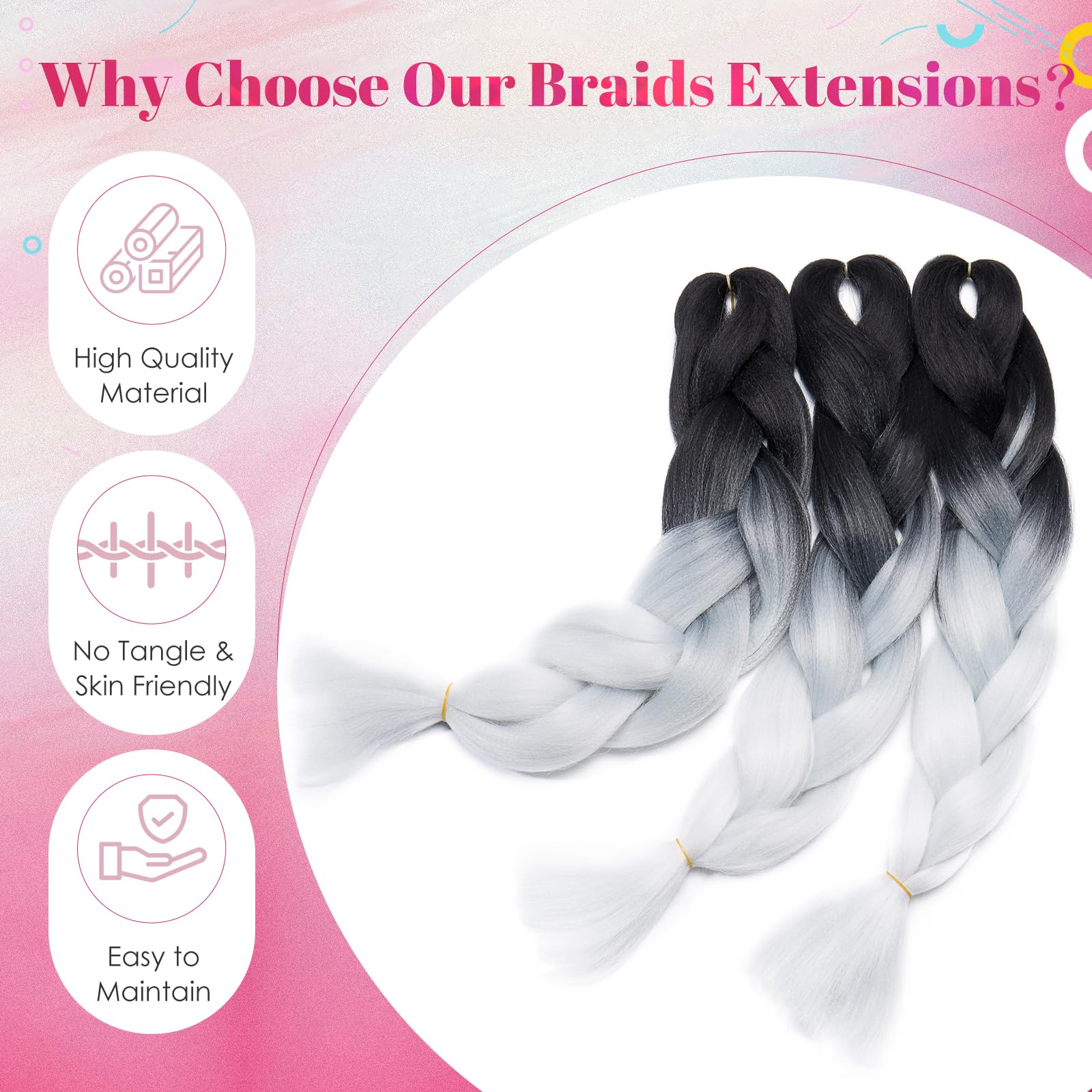 Benehair Braid Extensions 24 Inches Ombre Jumbo Braiding Hair Colorful Synthetic Hair Extensions for Braiding Black/White Gray Hair Extensions for Women(Black/White Gray - Image 4