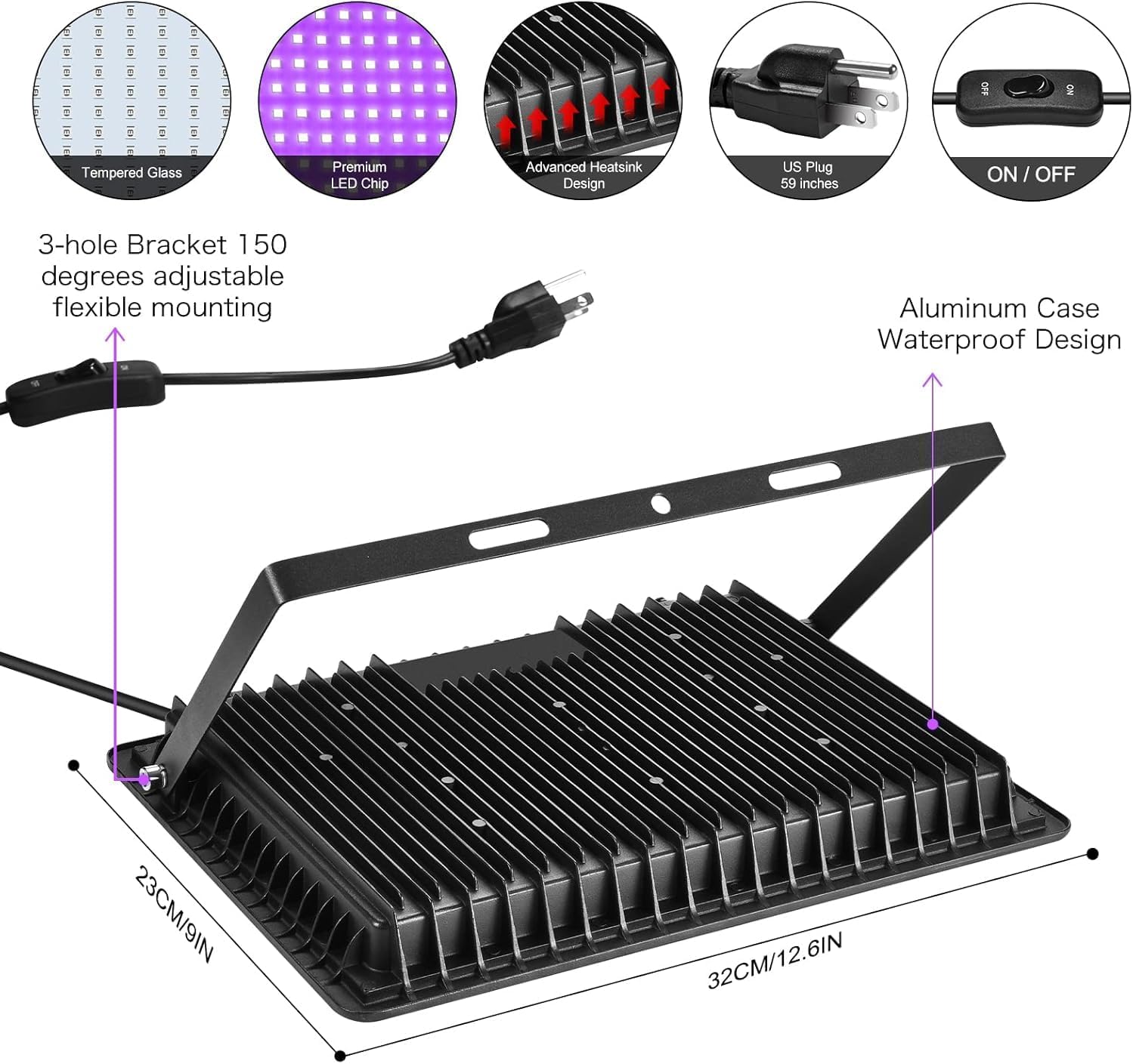 4 Pack 250W LED Flood Black Lights,395nm to 405nm UV Outdoor Flood High Power Blacklight Light with Plug in, IP66 Waterproof Large Black Light Spotlight for Glow Party Large Space, Halloween - Image 5