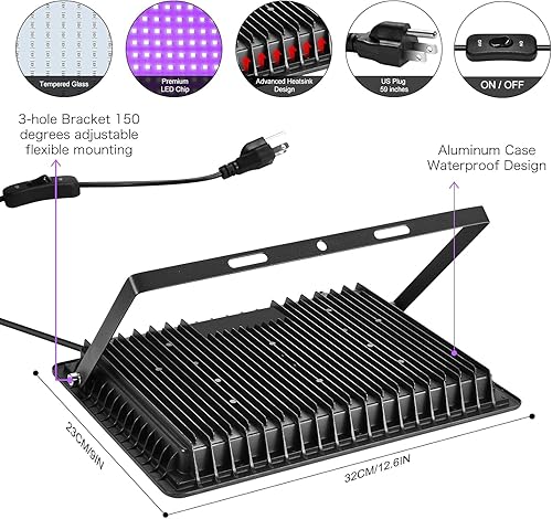 Miniatura 5 de Paquete de 2 luces LED negras de 250 W, luz negra de inundación al aire libre con enchufe, impermeable IP66 que brilla en la oscuridad, fiesta de