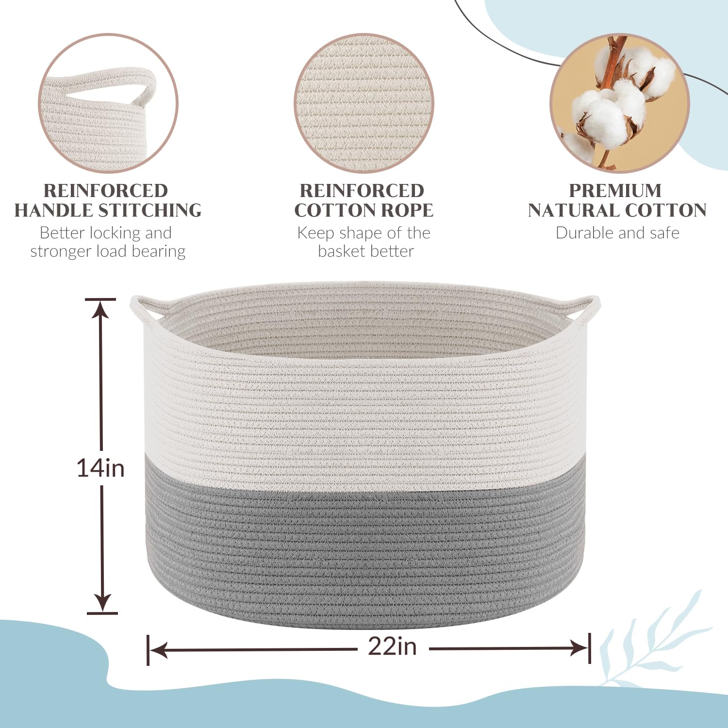 Maliton Cesto Portabiancheria Extra Grande, 50 x 30 cm Cesto Biancheria Sporca con Manici, Cesta Giochi Bambini per Salotto, Bagno, Coperte(Bianco Grigio)