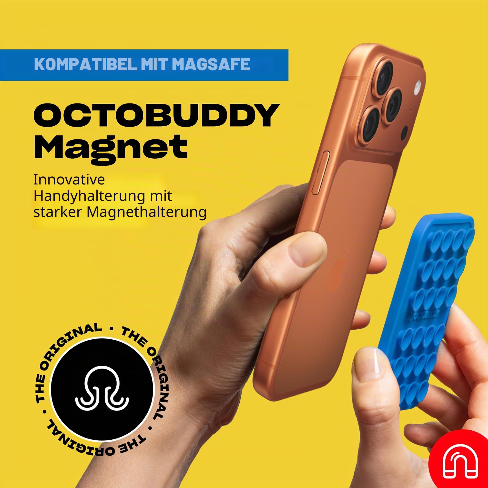 OCTOBUDDY Magnet - Magnetische Saugnapf-Handyhalterung - Magnet-kompatible Smartphone-Silikonhalterung - für freihändige Selfies und Videos - Zubehör für Content Creation - 66 x 99 mm, Transparent