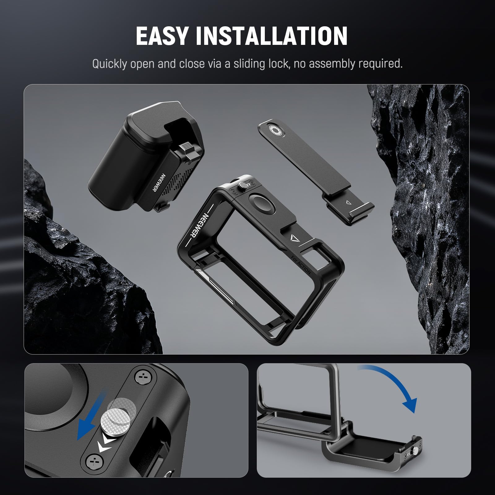 NEEWER Zestaw akcesoriów do klatek i uchwytu bocznego, kompatybilny z kamerą DJI Osmo Action 5 Pro / 4/3, ochronny metalowy wideo, adapter magnetyczny, uchwyt przedłużający zimną stopkę, czarny, AC014