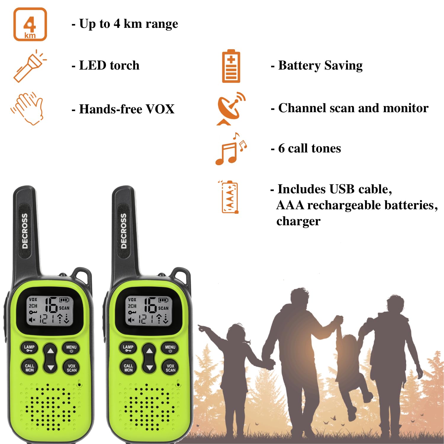 43/44 Walkie Talkie bambini e adulti, set di 2 Walki Talki fino a 4 km, PMR446 16 canali, VOX, torcia, regalo ragazzi ragazze 4, 5, 6, 7, 8 anni, escursionismo, campeggio (DC44 Verde/Accu)