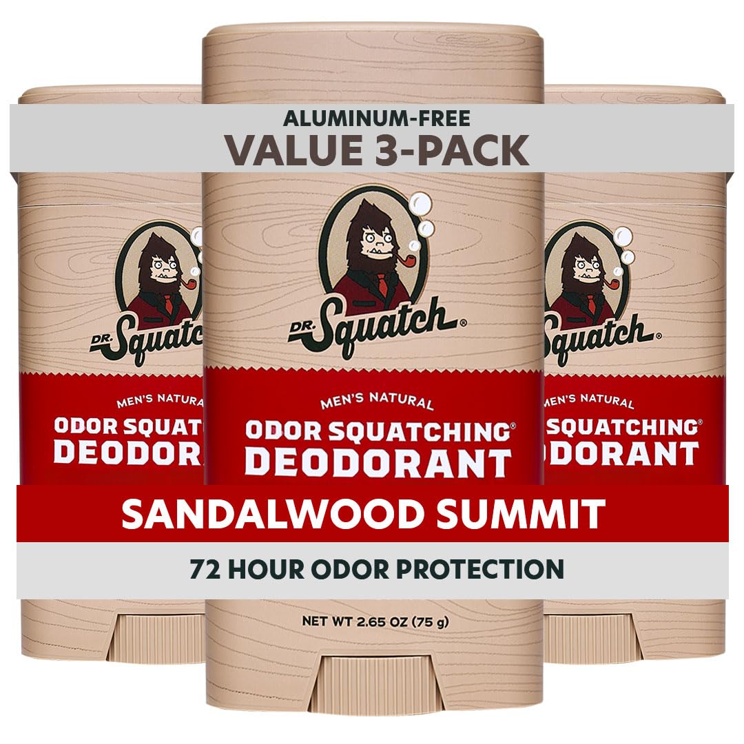 Dr. Squatch Natural Men’s Deodorant – Aluminum Free Natural Deodorant Men with Charcoal & Postbiotics for 72-Hour Odor Protection – Sandalwood Summit, 2.65oz Stick (3-Pack)