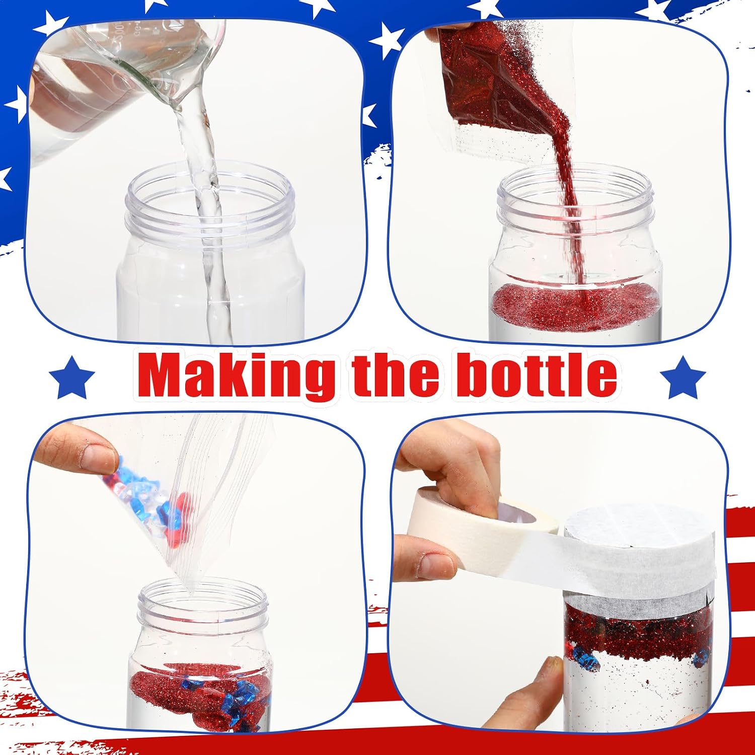 Potchen 12 Pcs 4th of July DIY Crafts Patriotic Sensory Bottles Kit 400 ml Plastic Sensory Bottle Empty with American Flag Clay Particle Sequin for Relieving Disturbed Independence Day Patriotic Craft image 4