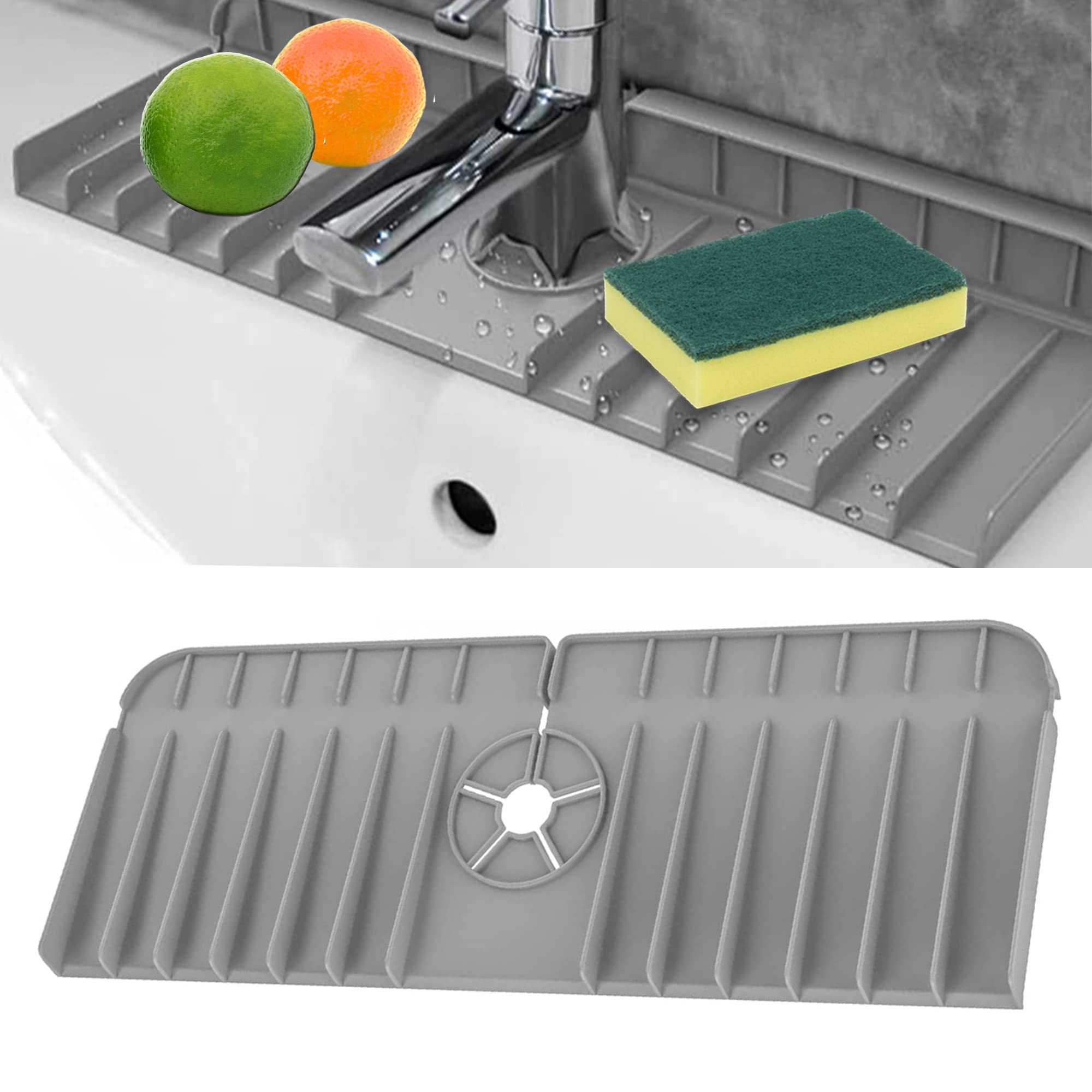 Silicone Faucet Handle Drip Catcher Tray，Sink Protectors、Sponge Holder、Splash Guard for Kitchen Sink Accessories Mat-Upgraded Ramp Pads Make It Easier for Water Droplets to Drain Away (Grey)