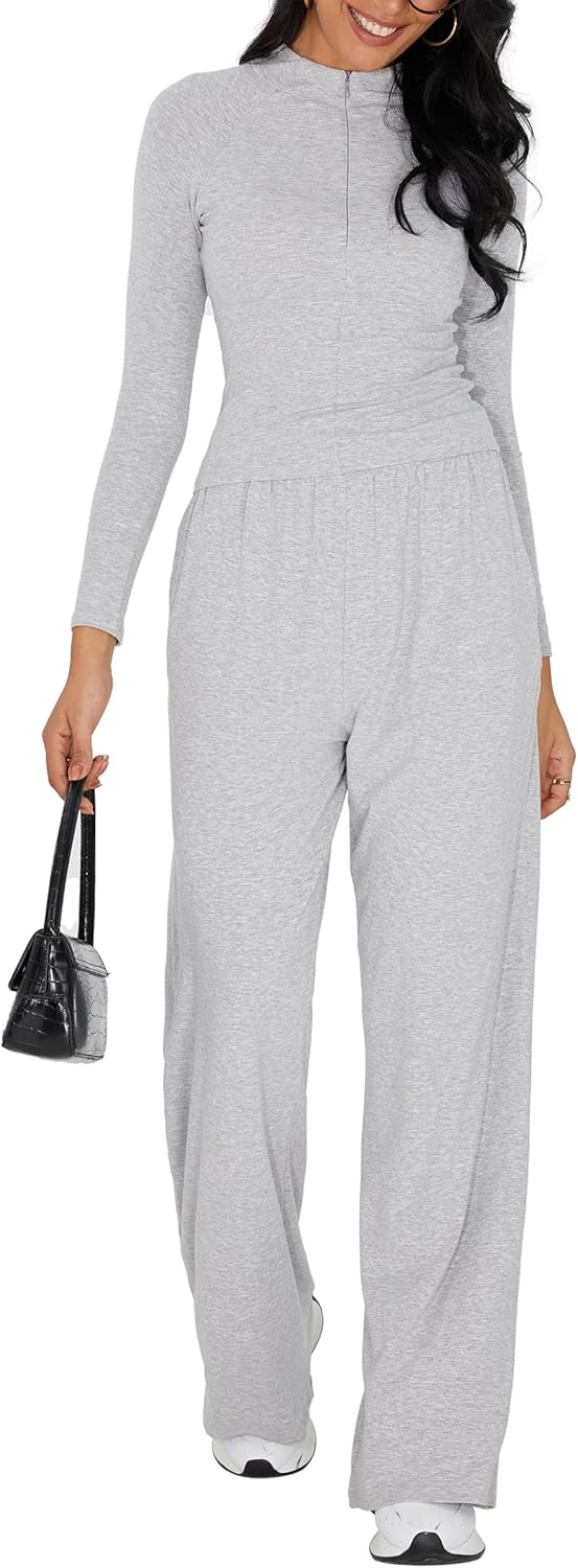 iGENJUN Women's 2 Piece Sets Fall Winter Long Sleeve Lapel Half Zip Shirts Wide Leg Pants Lounge Tracksuit Matching - Image 2