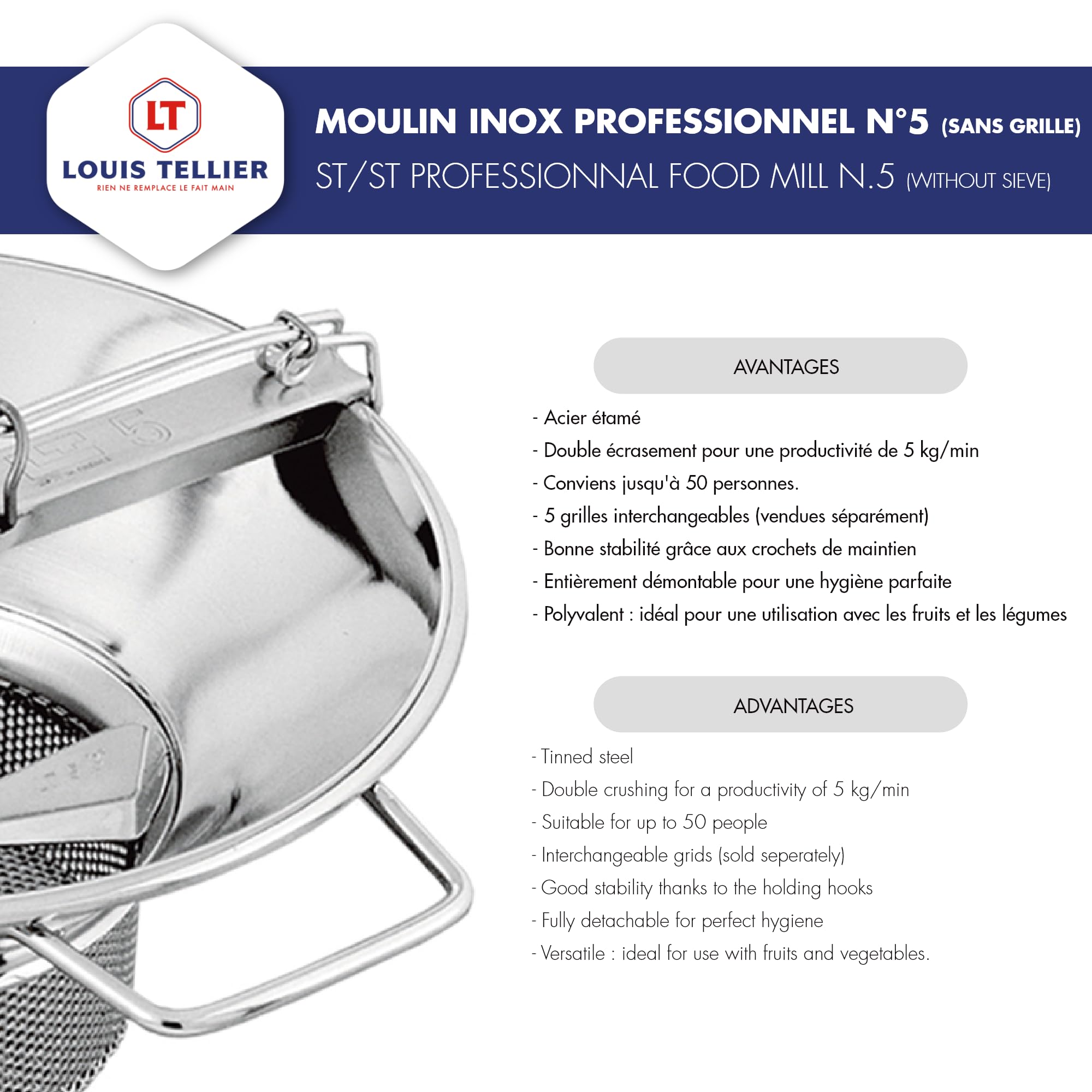 Amazon.com: Louis Tellier M5 tin-Plated 8 qt Food Mill, with (1