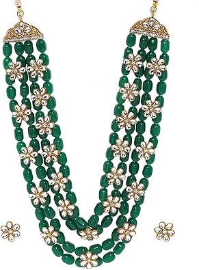 Aheli Kundan Pearl Long Multi Layered Necklace Earrings Set Bharatanatyam