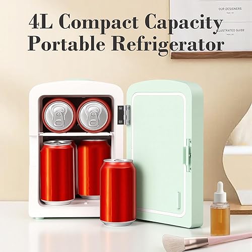 Miniatura 5 de Iceblue Mini nevera, refrigerador para el cuidado de la piel con espejo de luz LED regulable, 4 litros/6 latas, refrigerador compacto de maquillaje
