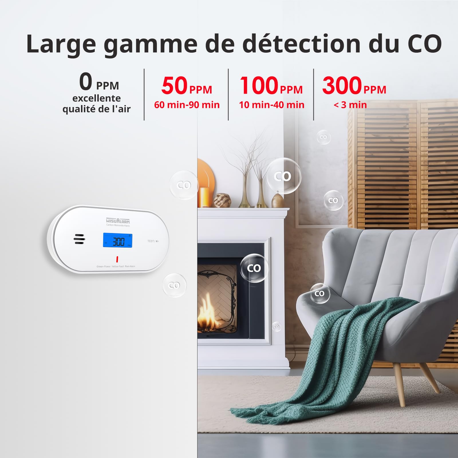 Détecteur de monoxyde de carbone, batterie scellée 10 ans, alarme de monoxyde de carbone, avec détection de température et d'humidité et affichage LCD, détecteurs de monoxyde de carbone pour la maison