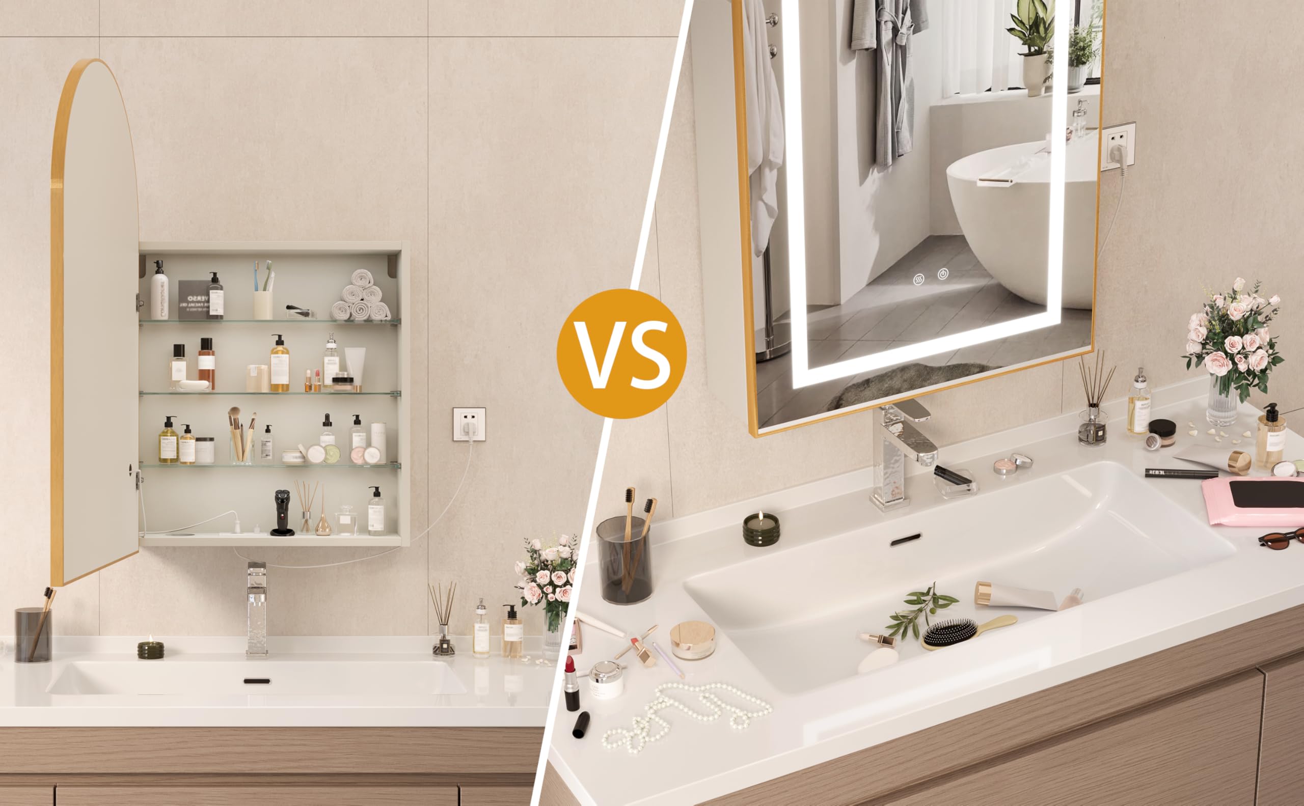 Specchio Bagno Contenitore con 3 Colori Luce e 1 AC/2 USB, Armadio Specchio Bagno con Deumidificazione con 1 Tocco e Funzione di Memoria(Oro Bianco)