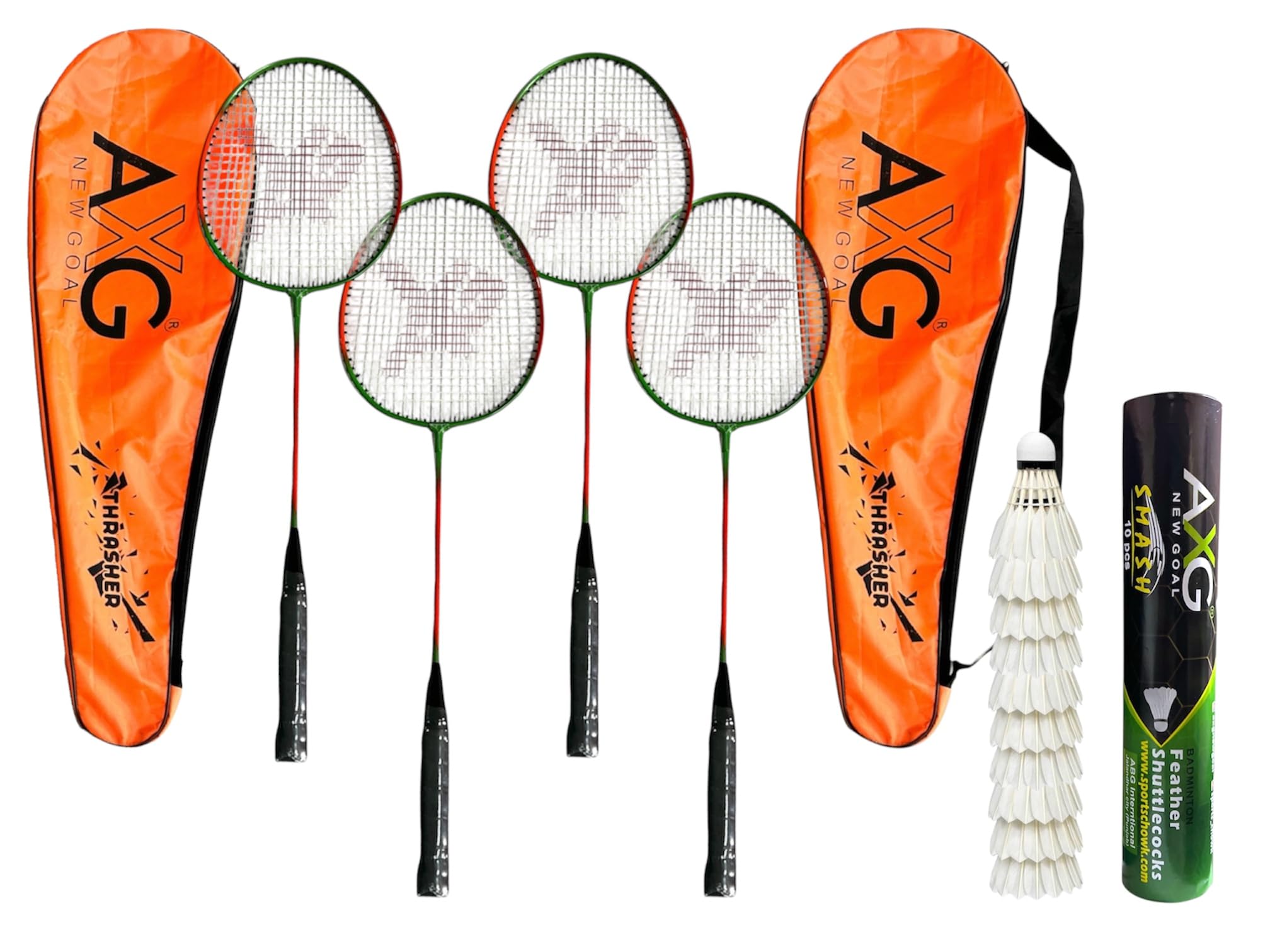 thrasher racquets set of 4 with 10 shuttles badminton kit (orange green)