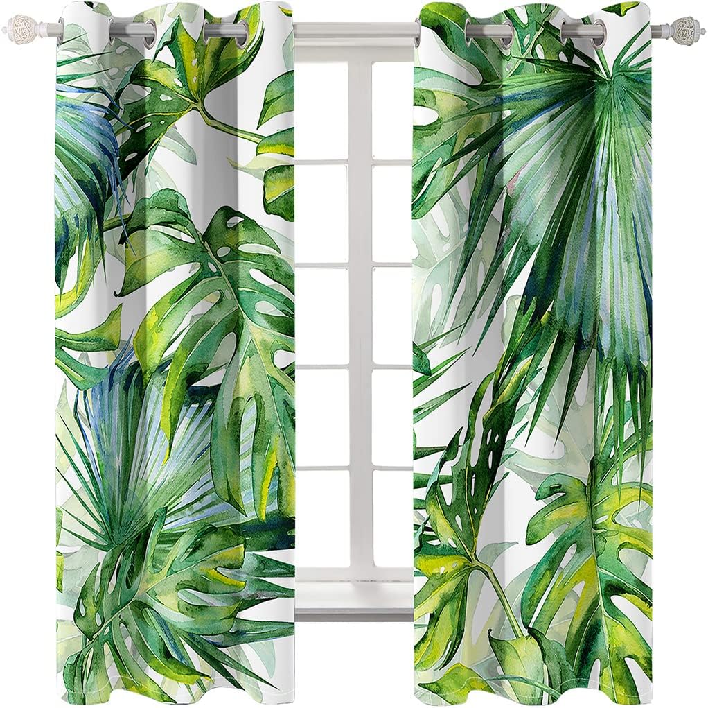 YELDAN Monstera Curtains, Palm Leaf Blackout Curtains for Bedroom & Living Room, Thermal Insulated Grommet Drapes, Decorative Patterned Window Treatments, 63 Inch Length 2 Panels