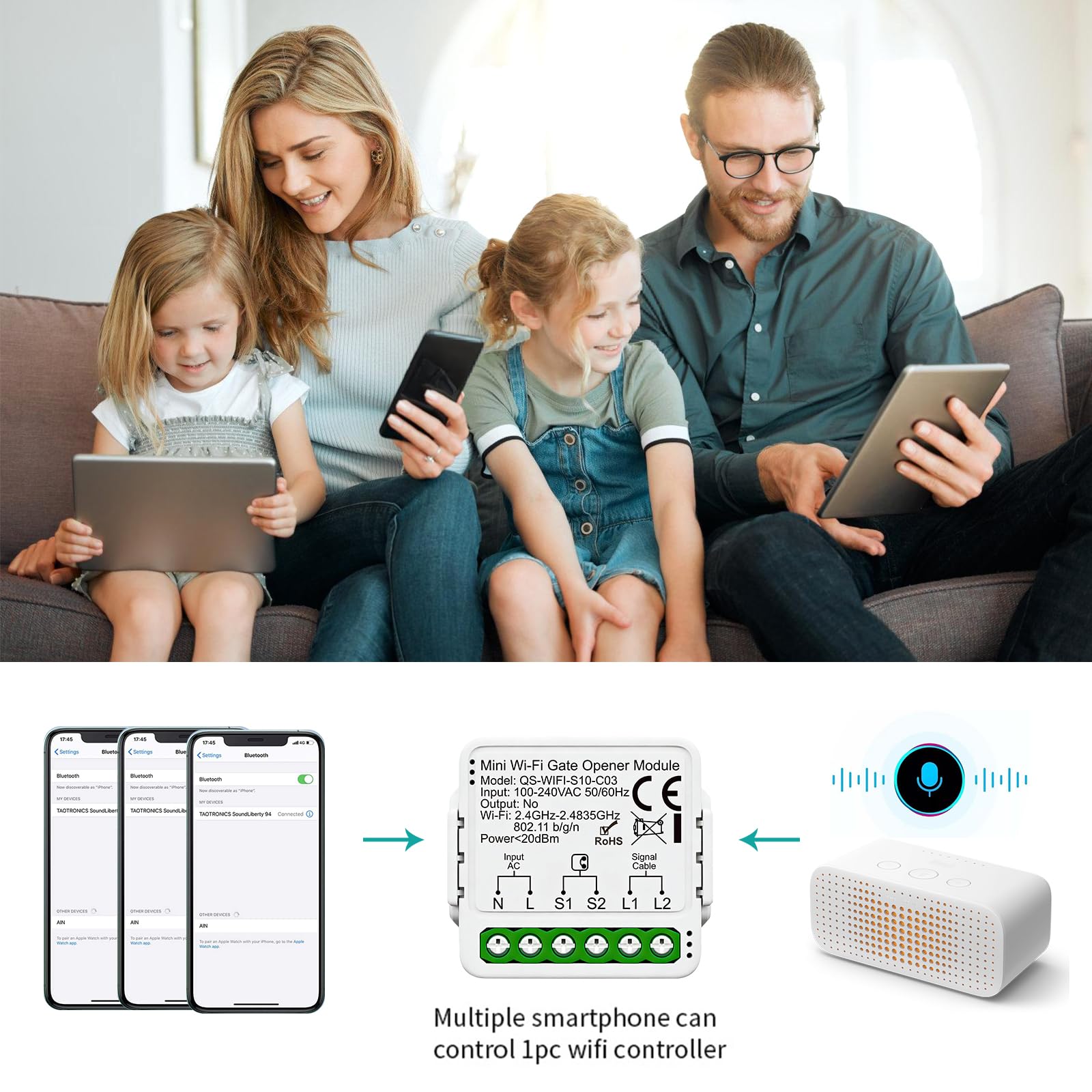 Apriporta Wifi Garage Door Opener, Wifi Garage Door Opener Con Sensore, Timer, Ac100-240v Controller Per Porta Del Garage, Apri Porta Garage Intelligente, Supporta Controllo Vocale E App