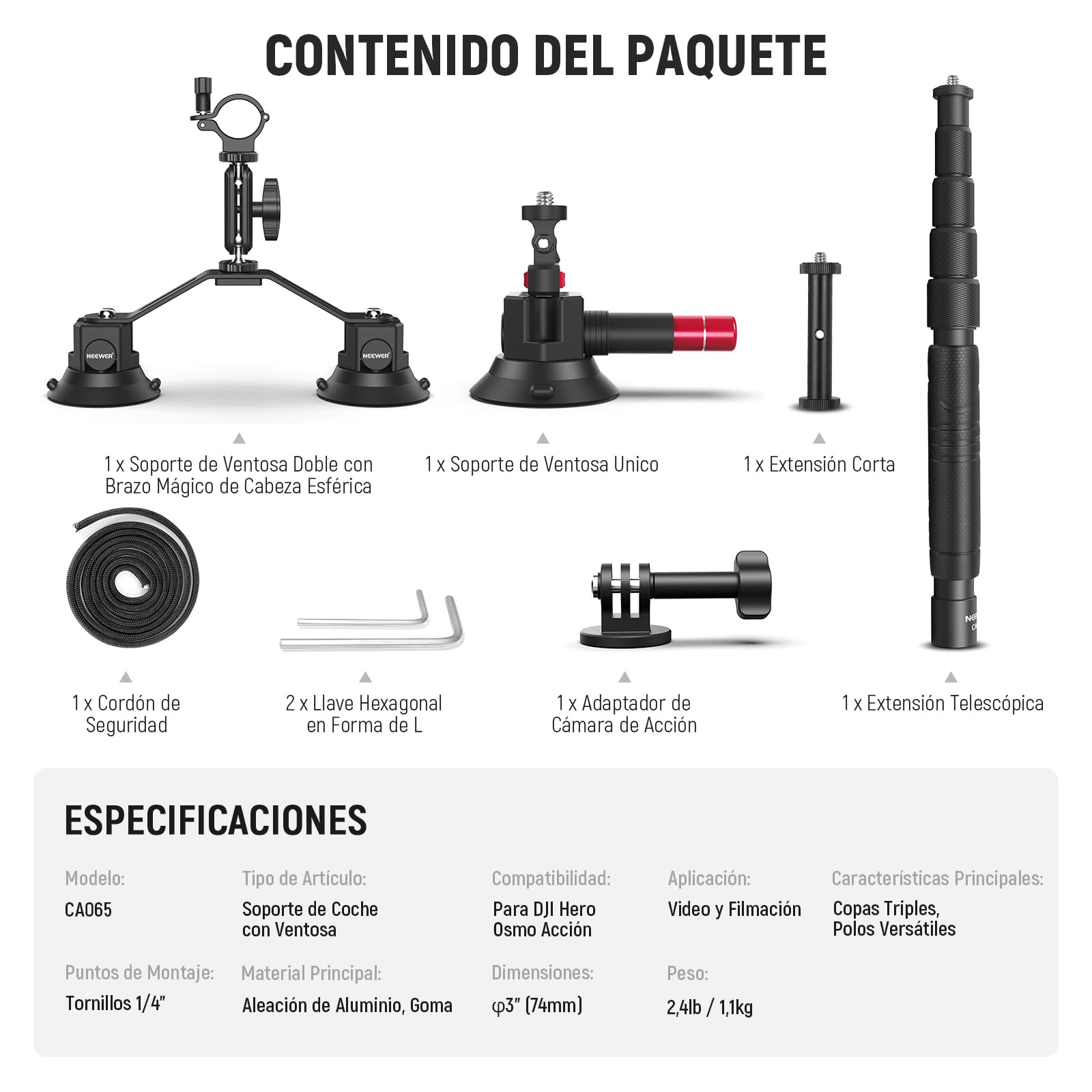 NEEWER Kit Montaje para Coche 2 en 1 Triple Ventosa Palo de Selfie Brazo Mágico Liberación Rápida para Action Cam GoPro Insta360 CA065