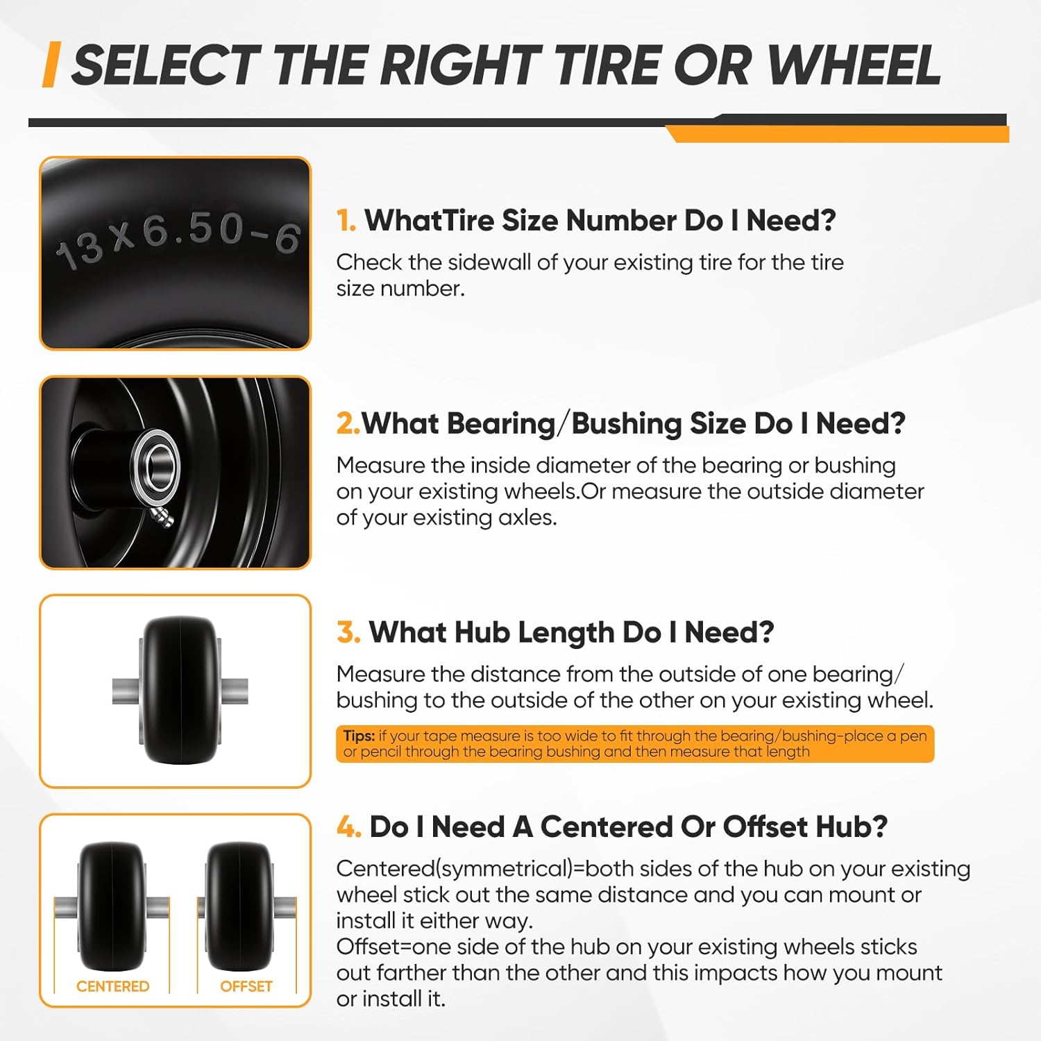 13×6.50-6 Flat Free Lawn Mower Tires and Wheel, 13x6.50-6 Solid Smooth Replacement Front Tires for Zero Turn Lawn Mowers, with 3/4" & 5/8" Bearings, 4"- 8.2" Centered Hub, 2 Pack