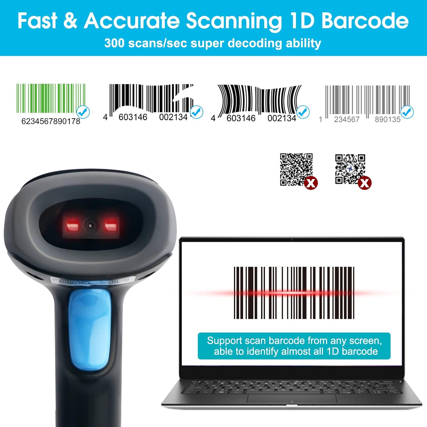 Examples of 1D barcodes that the Sumicor scanner can read, including those on screens, with a 300 scans/sec decoding ability.