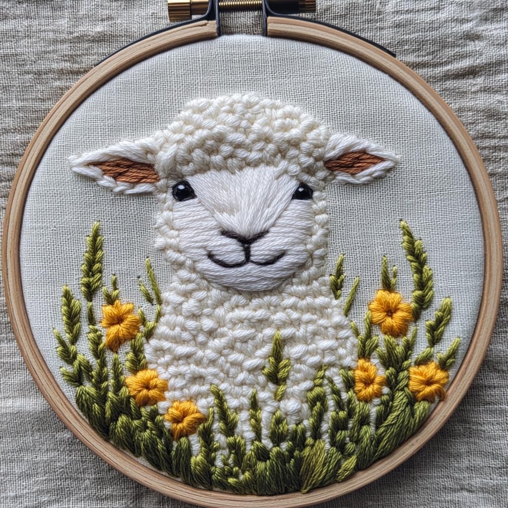 DIY Punch Needle Kits for Beginners Cute Sheep in Grass with Hoop Embroidery Punch Needle Starter Set Easy for Adults and Kids Festival Gift and Decor 20x20cm-2