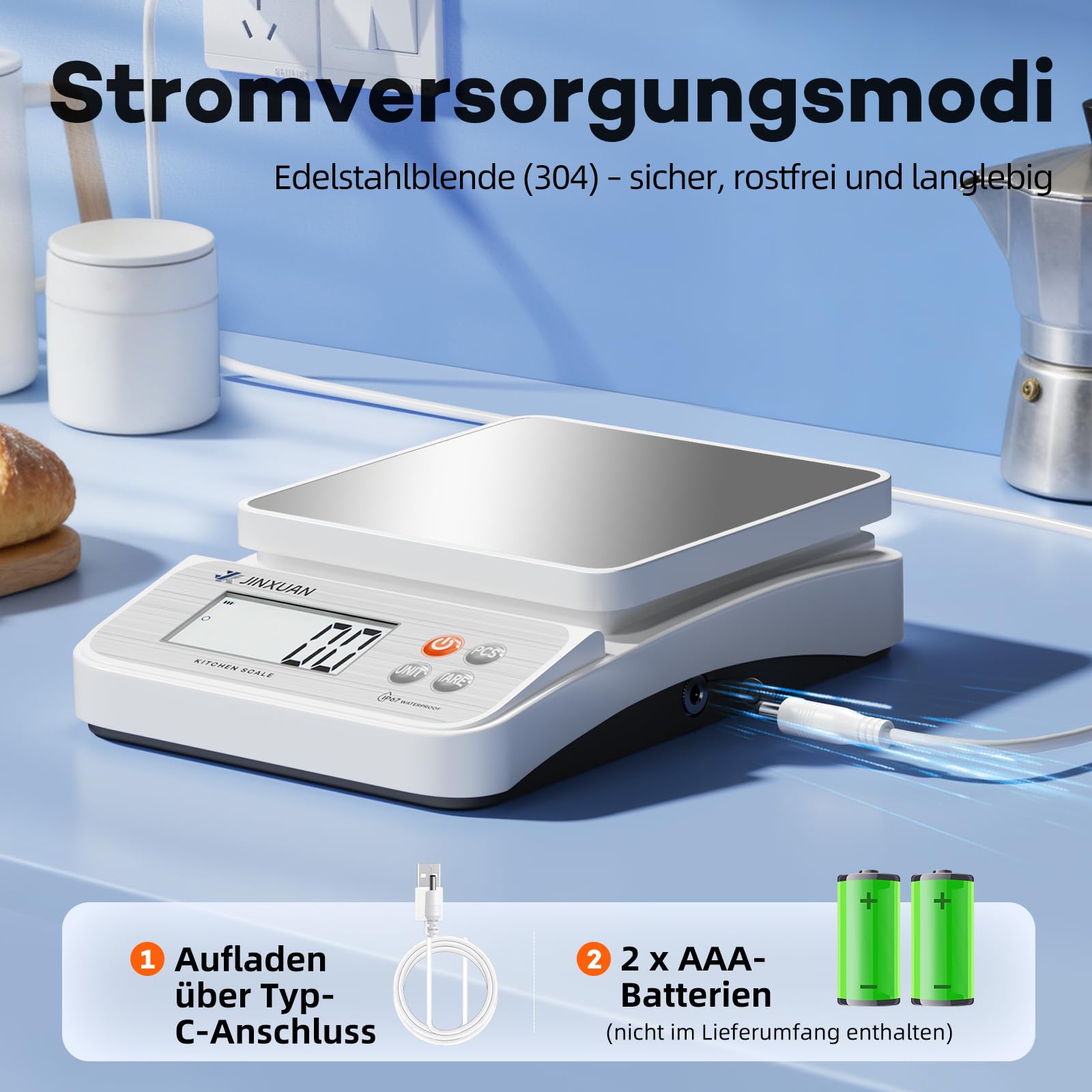 Digitale Küchenwaage 5 kg/0,1 g Lebensmittelwaage zum Kochen, Backen, Abnehmen, Wiederaufladbare Kaffee-Waage Backwaage mit USB-Kabel