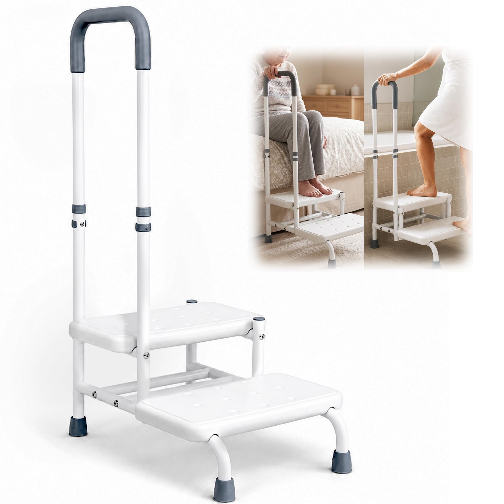 Escalera De 2 Escalones con Pasamanos Amplia Plataforma, Antideslizante Escalón Robusto Y Estable Ideal para Dormitorio Cama Bañera Y como Ayuda para Subir A Personas Mayores Embarazadas Y Adultos