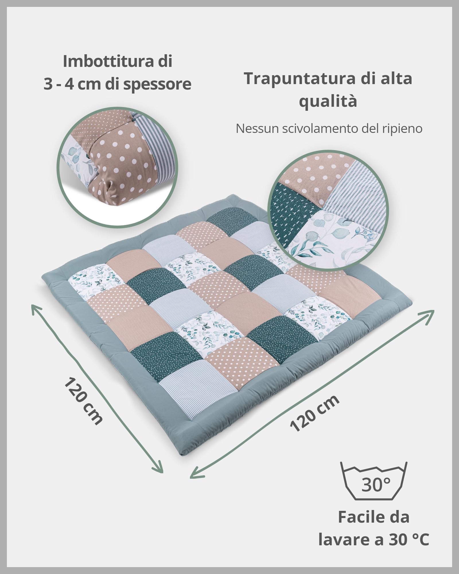 ULLENBOOM Tappeto Gioco Neonato 120x120 cm, 100% Materiali OEKO-TEX, Made in UE - Ideale come Coperta per Bambini e Tappeto Gioco Bambini - Eucalipto