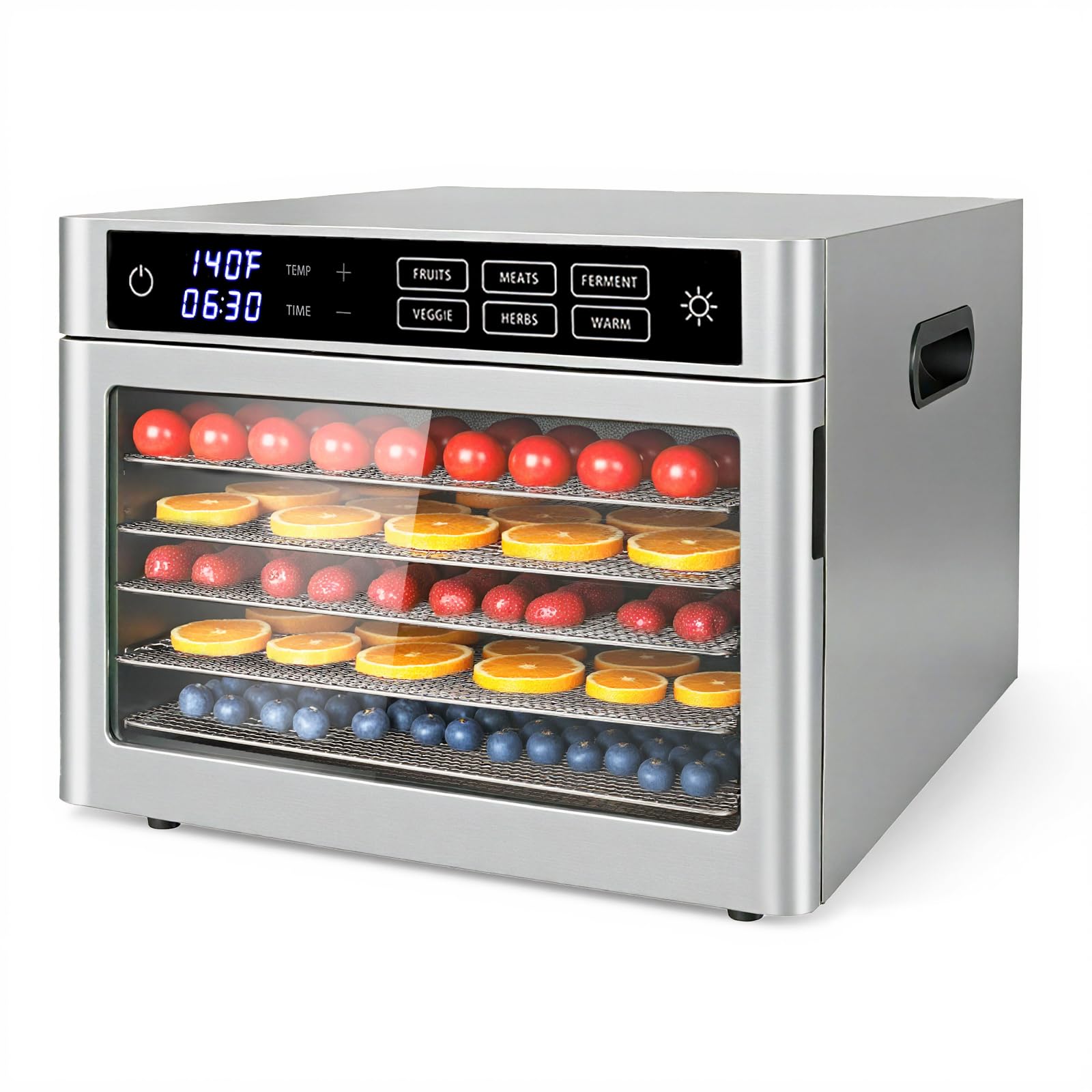 Deshidratador de alimentos de acero inoxidable con puerta de vidrio, 6 bandejas (120 V, 500 W)