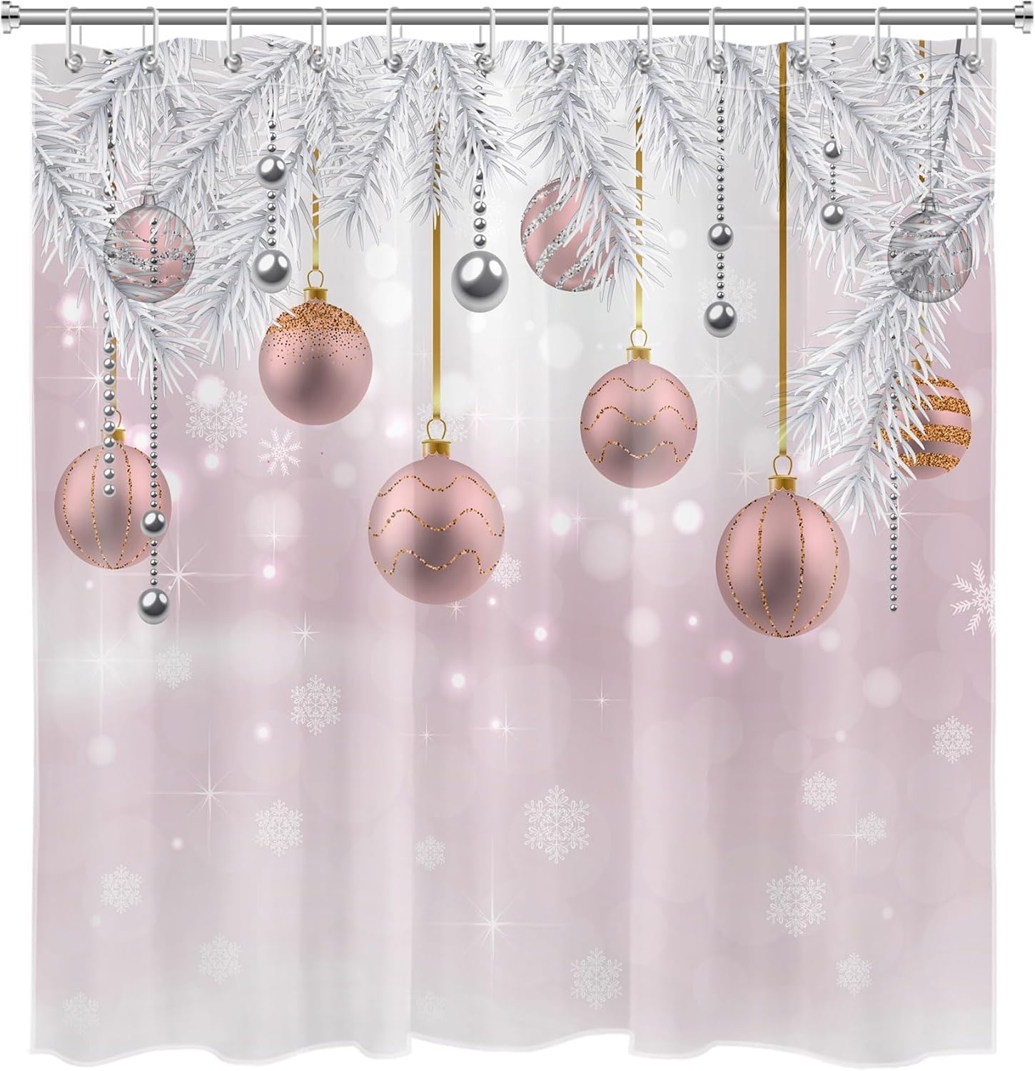 Christmas Shower Curtain with Bath Mat,Pink and Silver Christmas Balls Shower Curtain Set Fir Branch with Snow Winter Shower Curtain and Bathroom Rugs, 70L X 70W inches