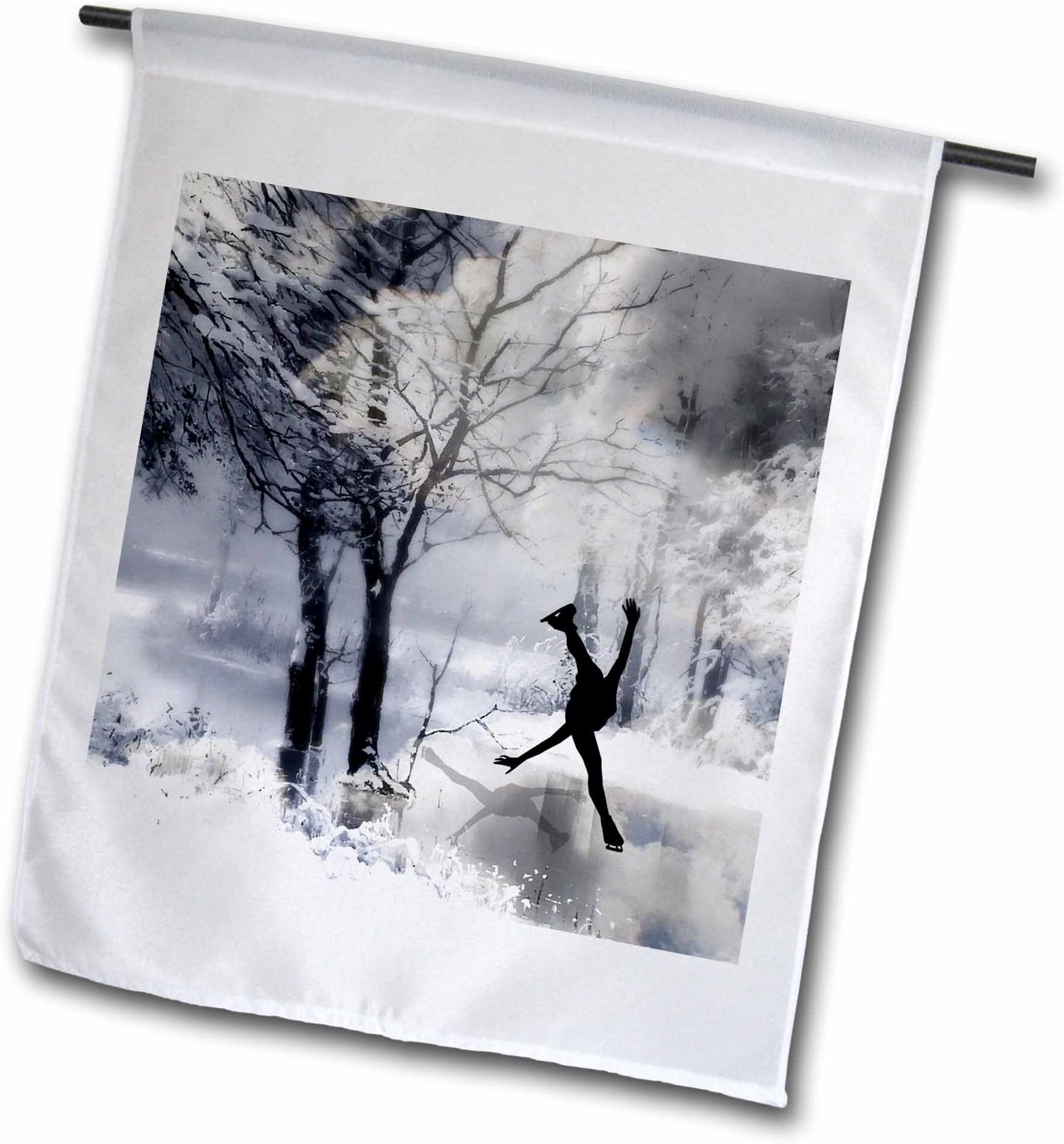 3dRose fl_79445_1 Figure Skater Silhouette Skating on a Frozen Pond in a Beautiful Winter Snow Scene Garden Flag, 12 by 18-Inch