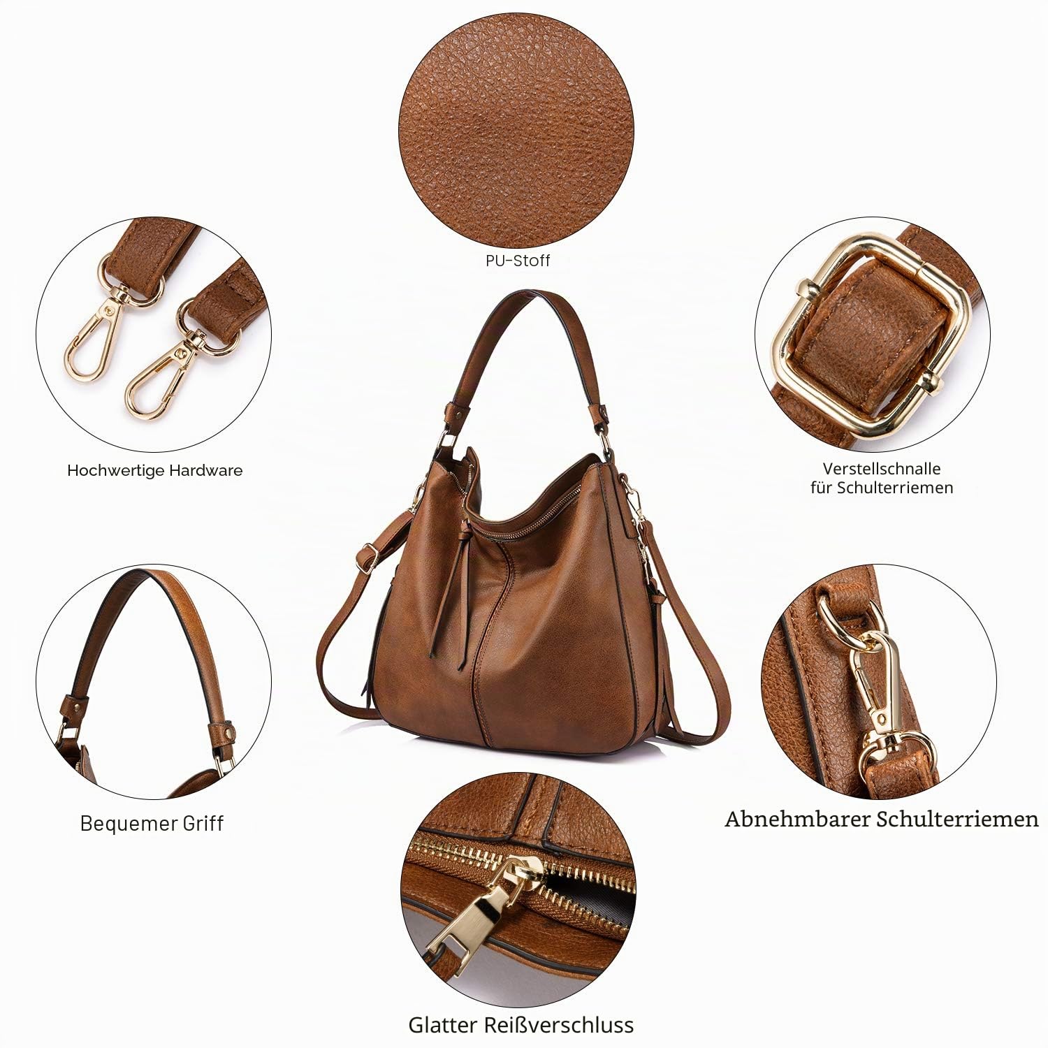 Realer Handtasche Damen Mittelgroß, Shopper Tasche Groß, PU Leder Schultertasche Umhängetasche, Vintage Hobo Bag für Büro Arbeit Einkauf, Braun