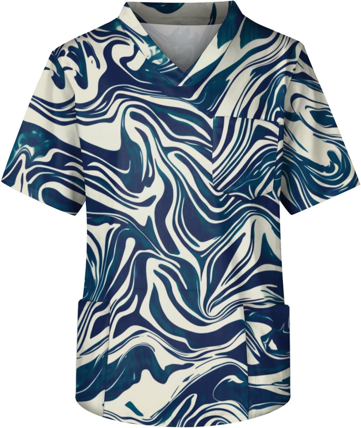 Men's V-Neck Scrubs Top Printed Short Sleeve Soft Stretch Uniform Scrub Shirts with Pockets