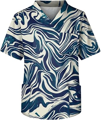 Scrubs for Men Short Sleeve V Neck Print Tops Nursing Working Uniform T-Shirts Casual Caregiver Top