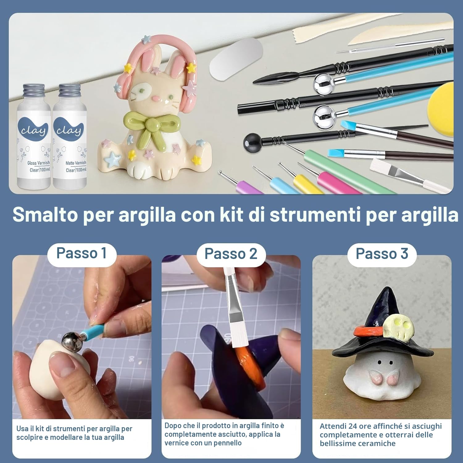 29 Pcs smalto argilla con kit di strumenti per scultura, 100 ml sigillante argilla per lucido, resistente ai graffi, impermeabile, kit di strumenti per ceramica per scultura, modellazione (lucido)