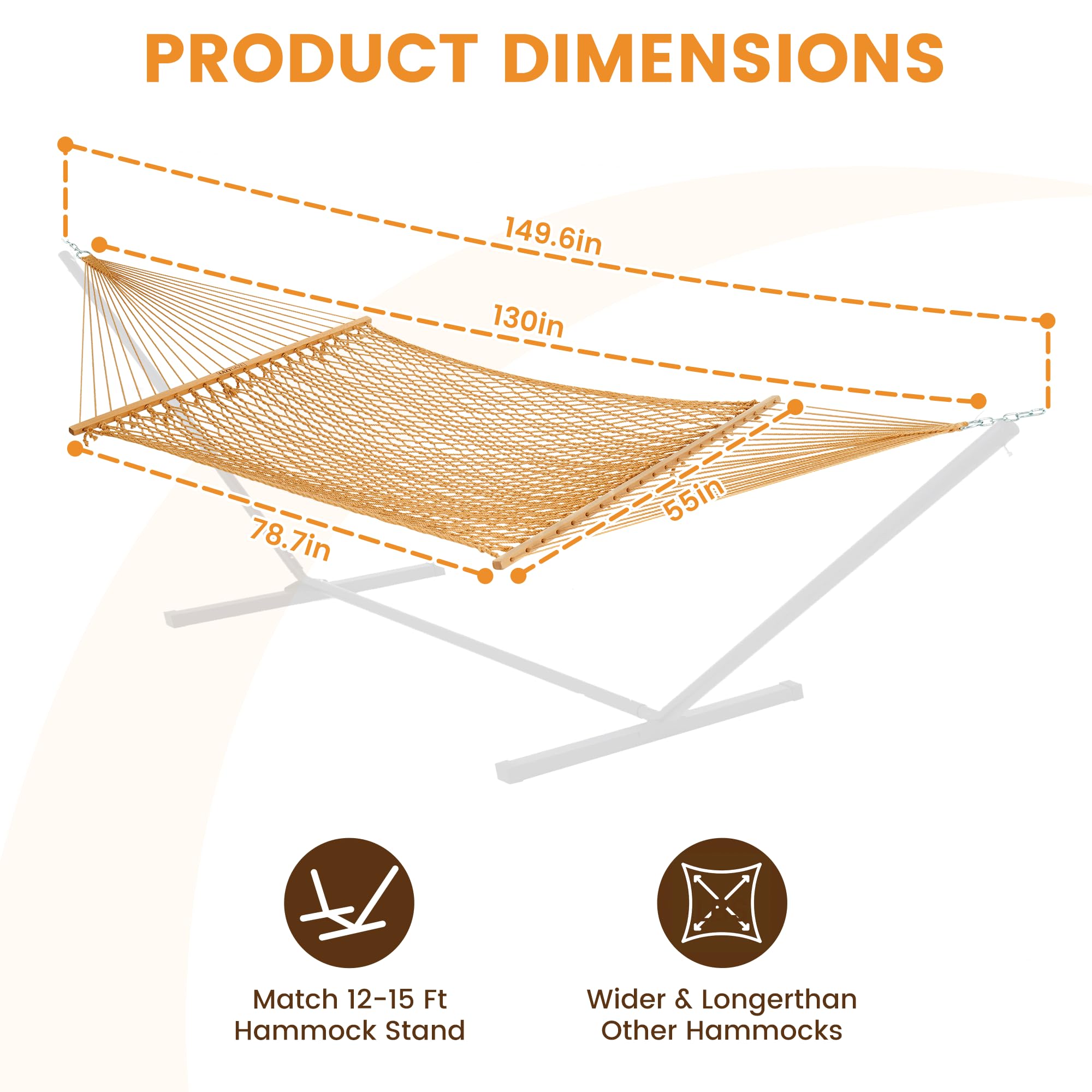 Lazy Daze Hamaca de cuerda tejida a mano doble para exteriores, se adapta a soporte de 12 a 14 pies | Hamaca de 11 pies para 2 personas, con barra separadora, correas de árbol, mosquetones, cadenas, capacidad de 450 libras