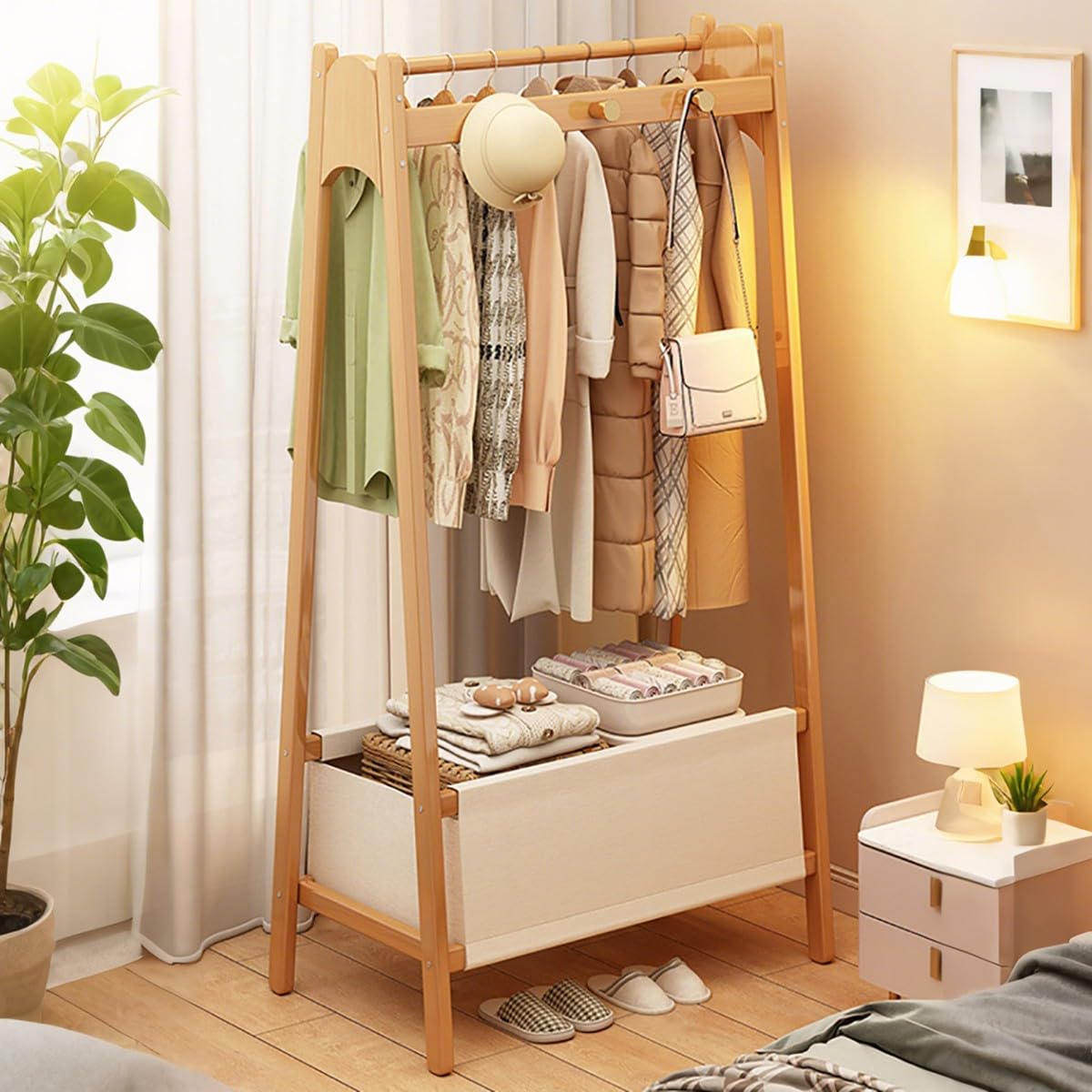 Natural Bamboo Coat Rack Stand Floor Standing Cloak Rack Simple Modern Clothes Rack Storage Basket Shelf Hanging Rail with Hooks for Hallway Entryway Bedroom Bathroom Office