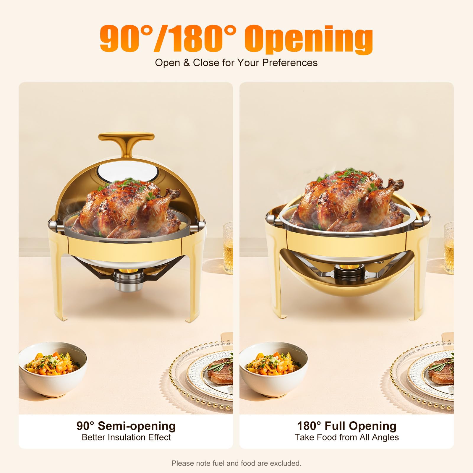 Chafing Dishes Set per buffet con top arrotolabile, oro, scaldavivande rotonde, in acciaio inox, set da buffet, coperchio a vista, per catering, eventi, feste, matrimoni