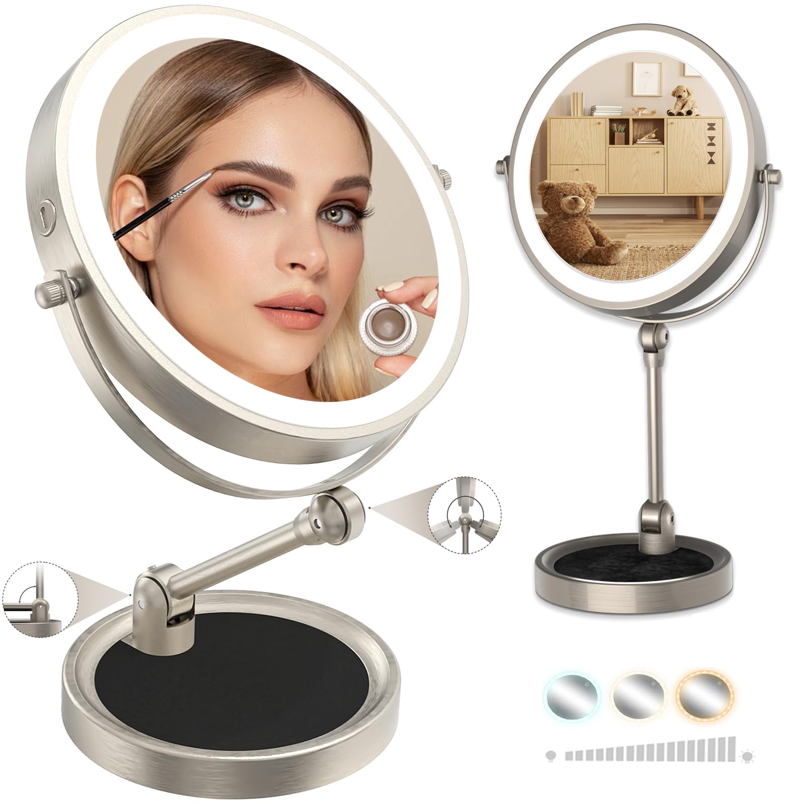 Specchio per trucco multi-angolo regolabile liberamente, 4000 mAh, doppio lato, dimmerabile, ingrandimento 1X/10X, con luce a 3 colori, girevole a 360°, ricaricabile, da tavolo, con touch screen, 9