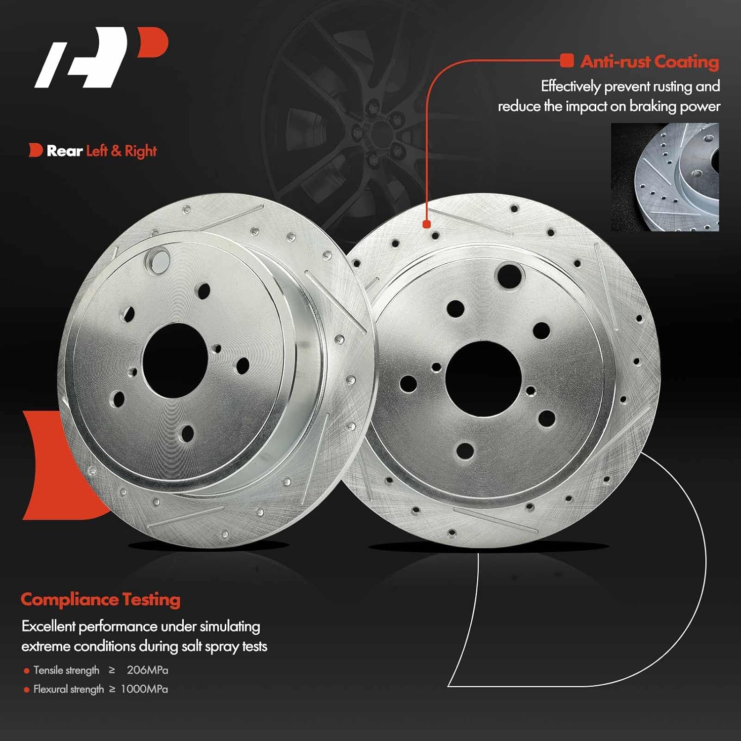 A-Premium 11.24 inch (285.7mm) Rear Drilled and Slotted Disc Brake Rotors + Ceramic Pads Kit Compatible with Select Subaru Models - WRX 2015-2021, 6-PC Set
