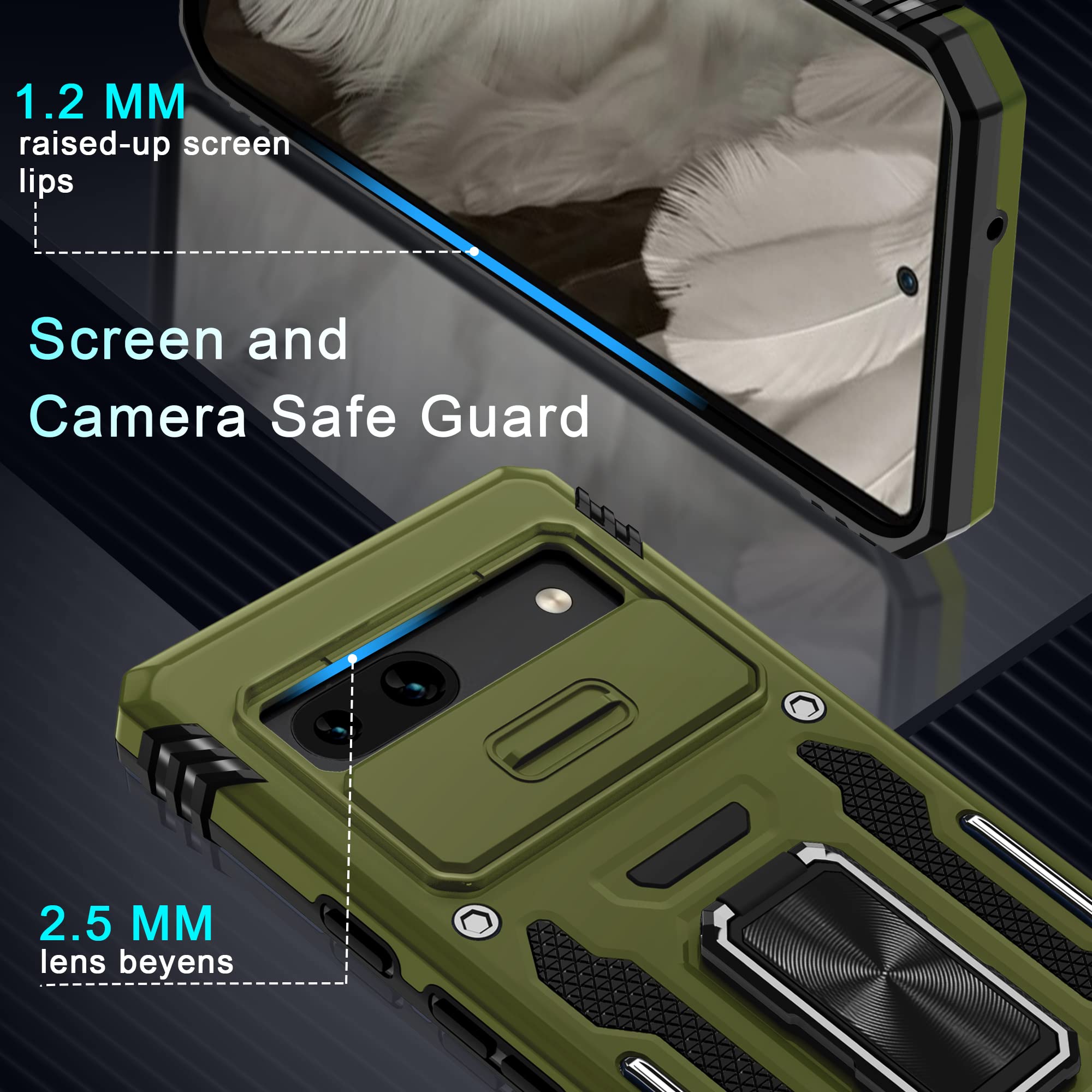 DEERLAMN Custodia Militare Per Google Pixel 7a Con Copriobiettivo Scorrevole, Anello E 2 Pellicole - Verde Oliva