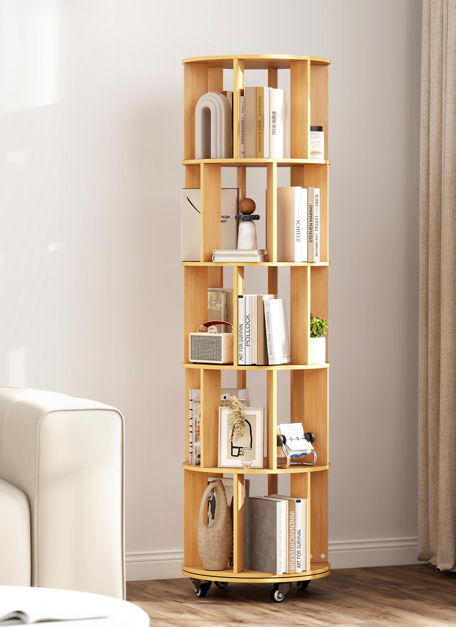 yeshine Rotating Bookshelf, 5-Tier Corner Bookcase, 360° Revolving Bookcase with Wheels, Revolving Book Shelf Tower with 4 Castors, 46 x 46 x 165.5 cm, Wood Colour