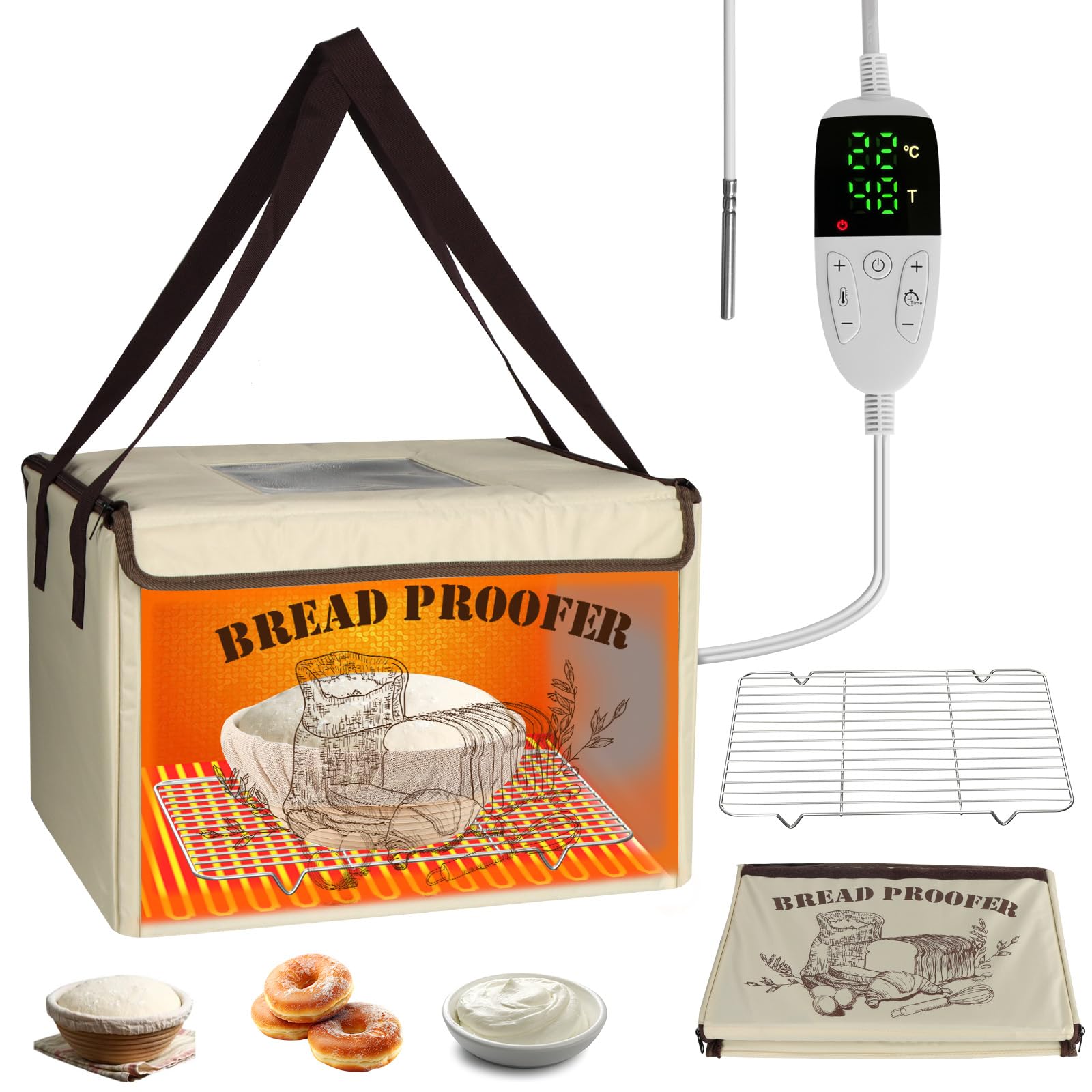 Brot Gärbox Sauerteig, Faltbare Gärbox mit Dreiseitige Oberflächen Heizung Temperaturregelung von 10–45 °C, 48H Timer Brot Gärschrank mit NTC-Sensor & Abkühlgitter für Sauerteig, Pizza, Joghurt